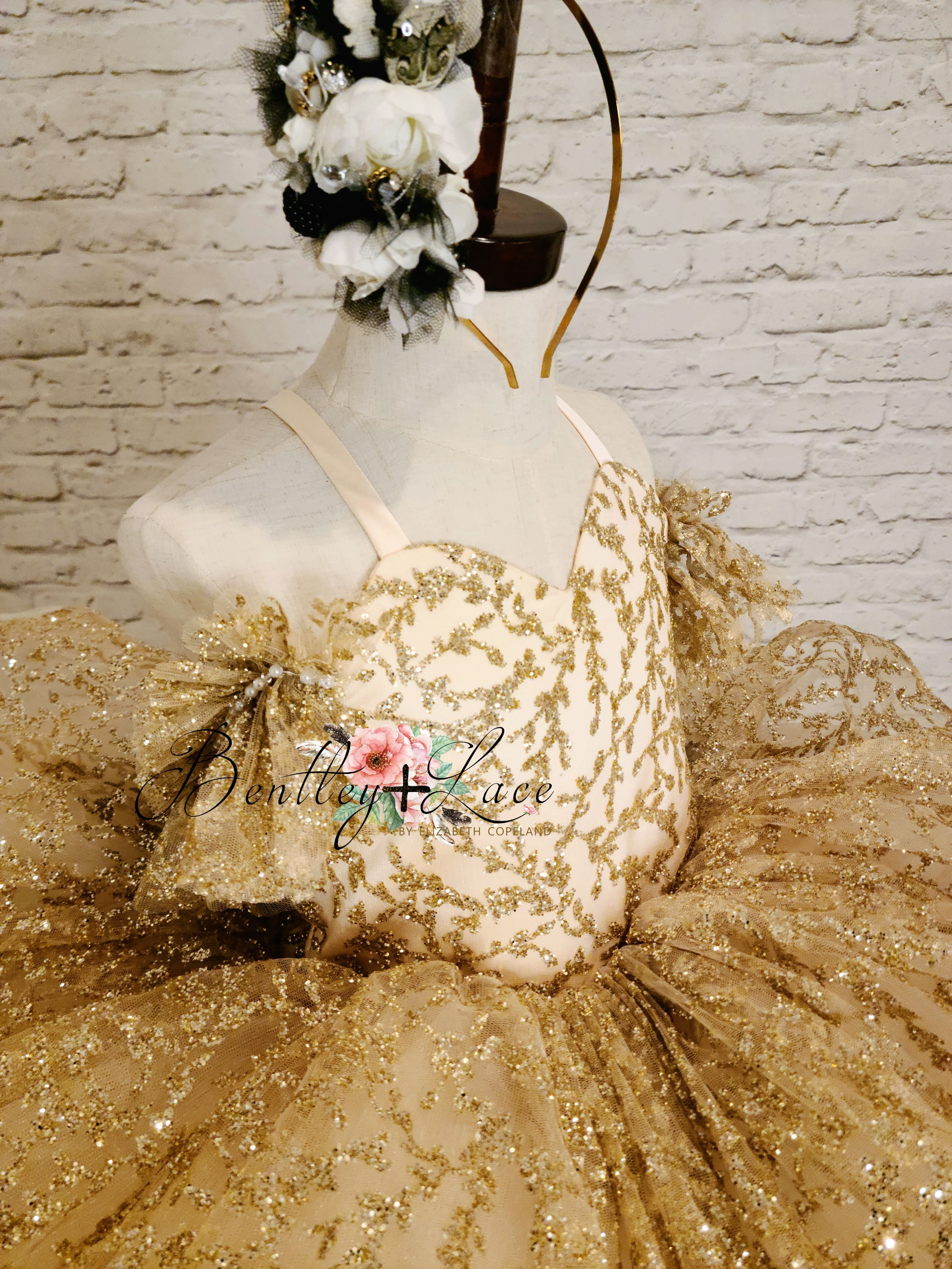 "Glimmering" Gold Leaf- Petal Length Dress Editorial Dress, Couture Gown, Special Occasion Dress