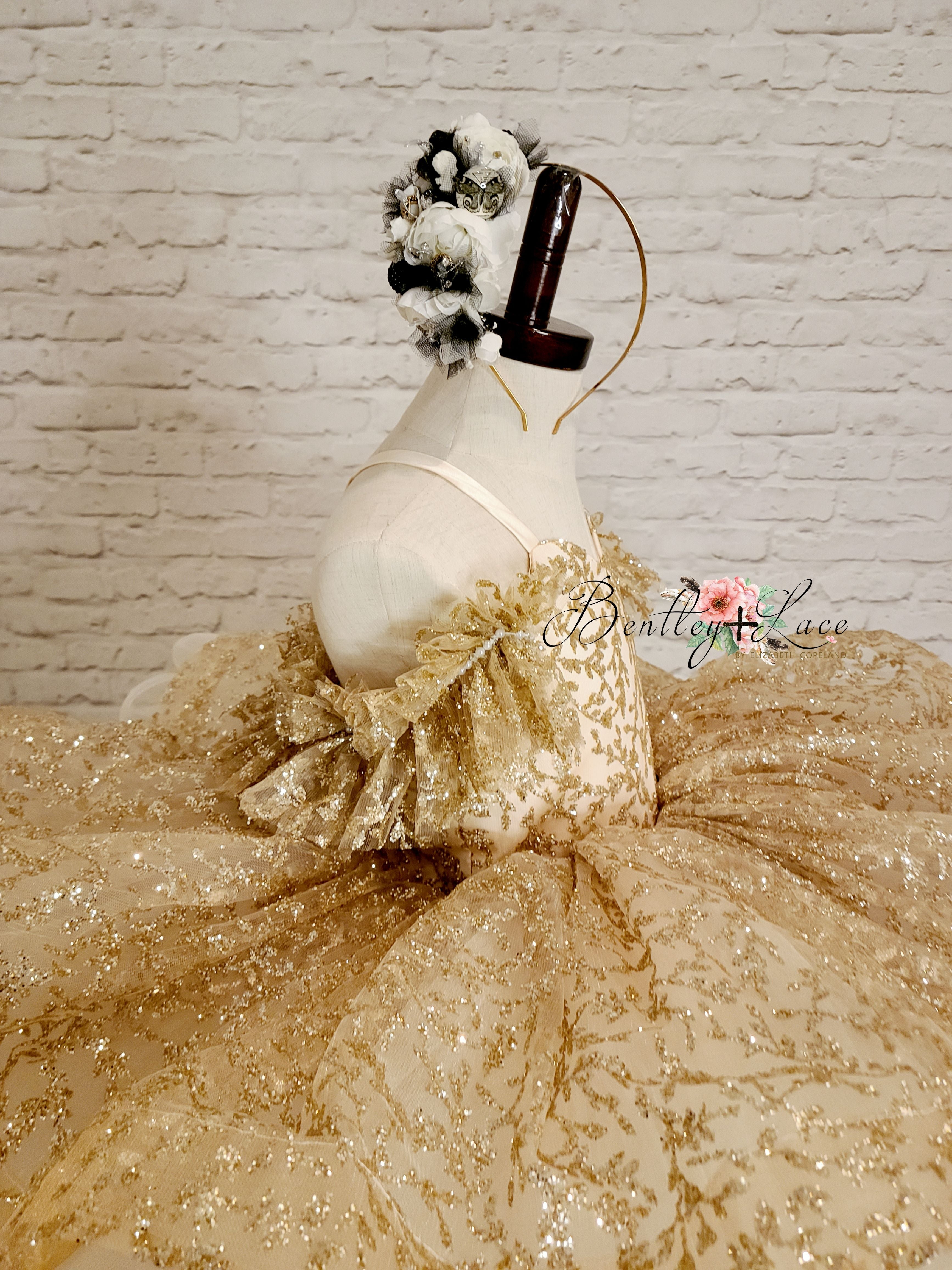 "Glimmering" Gold Leaf- Petal Length Dress Editorial Dress, Couture Gown, Special Occasion Dress