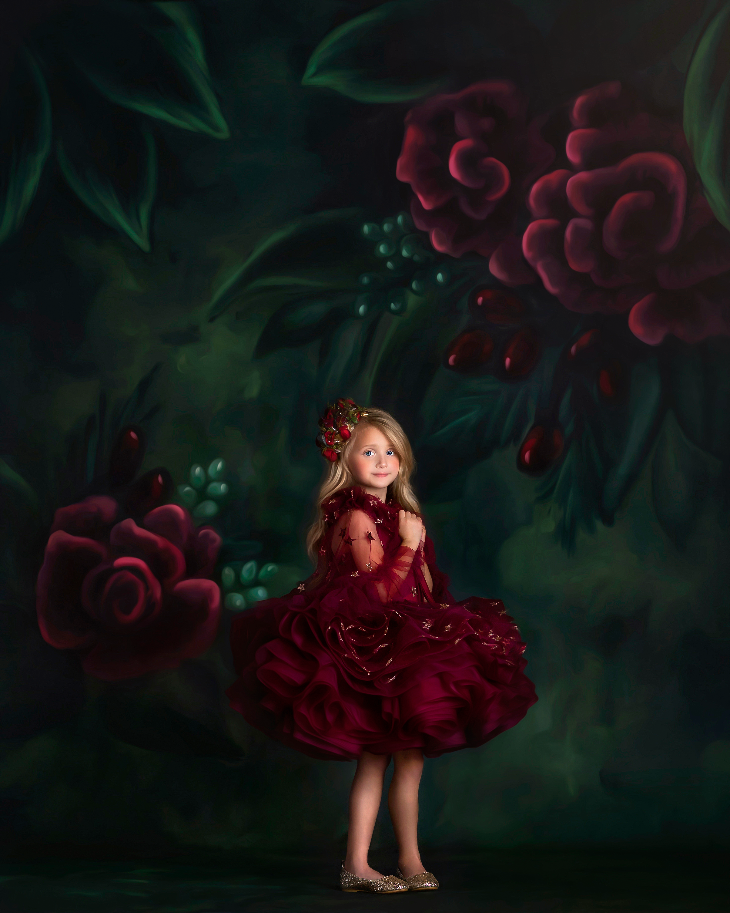 Top-down view emphasizing the dress's voluminous skirt and fabric texture.