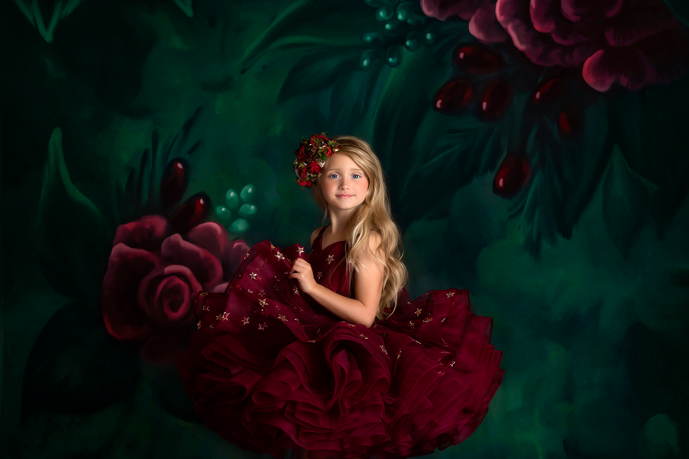 Starlet Burgundy Dress shown with cape draped gracefully over shoulders.
