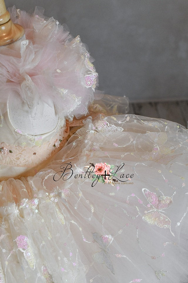 "Daydreaming" Butterflies soft champagne +pink - Petal Length Dress ( 3 Year - Petite 4 Year)