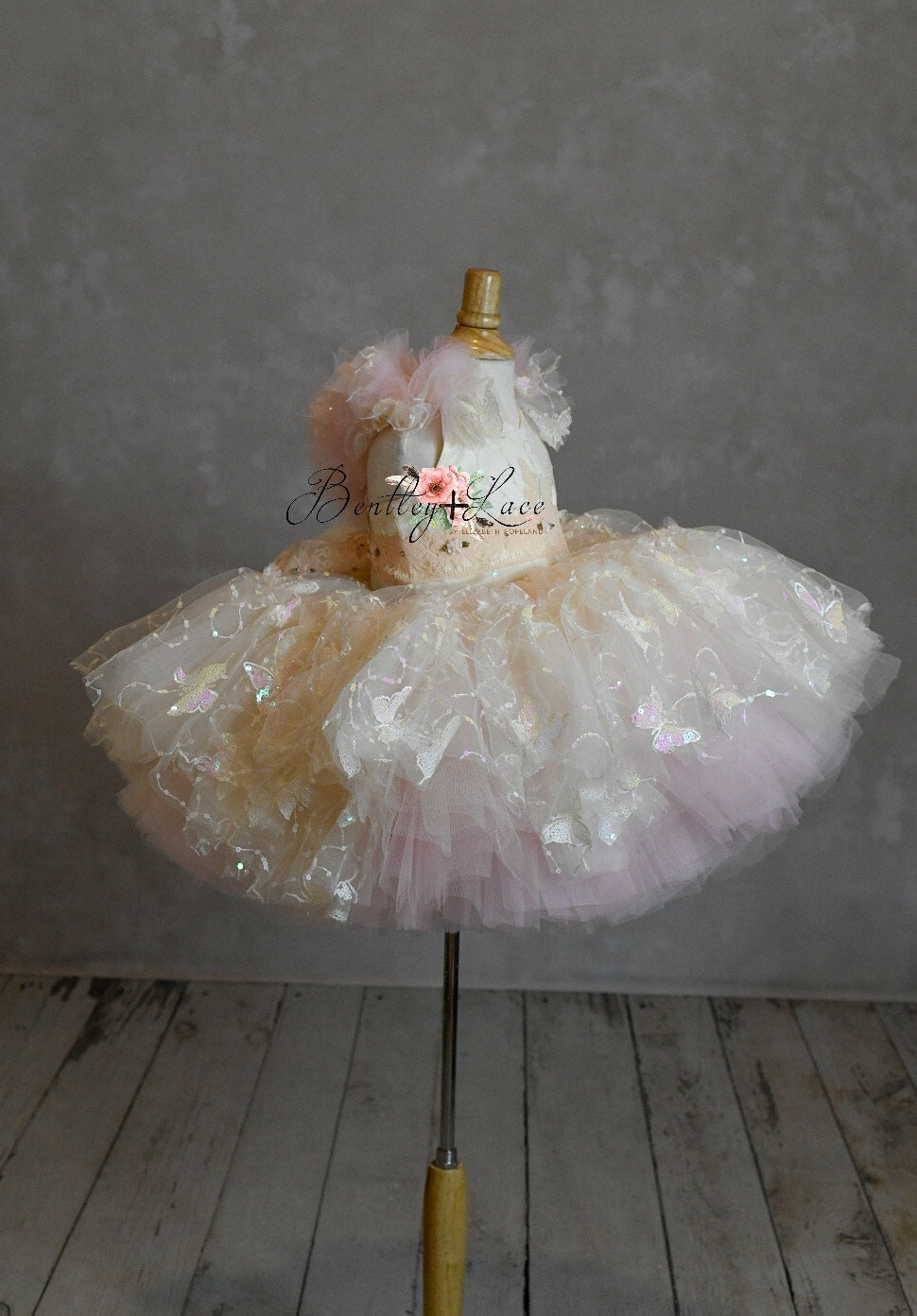"Daydreaming" Butterflies soft champagne +pink - Petal Length Dress ( 3 Year - Petite 4 Year)