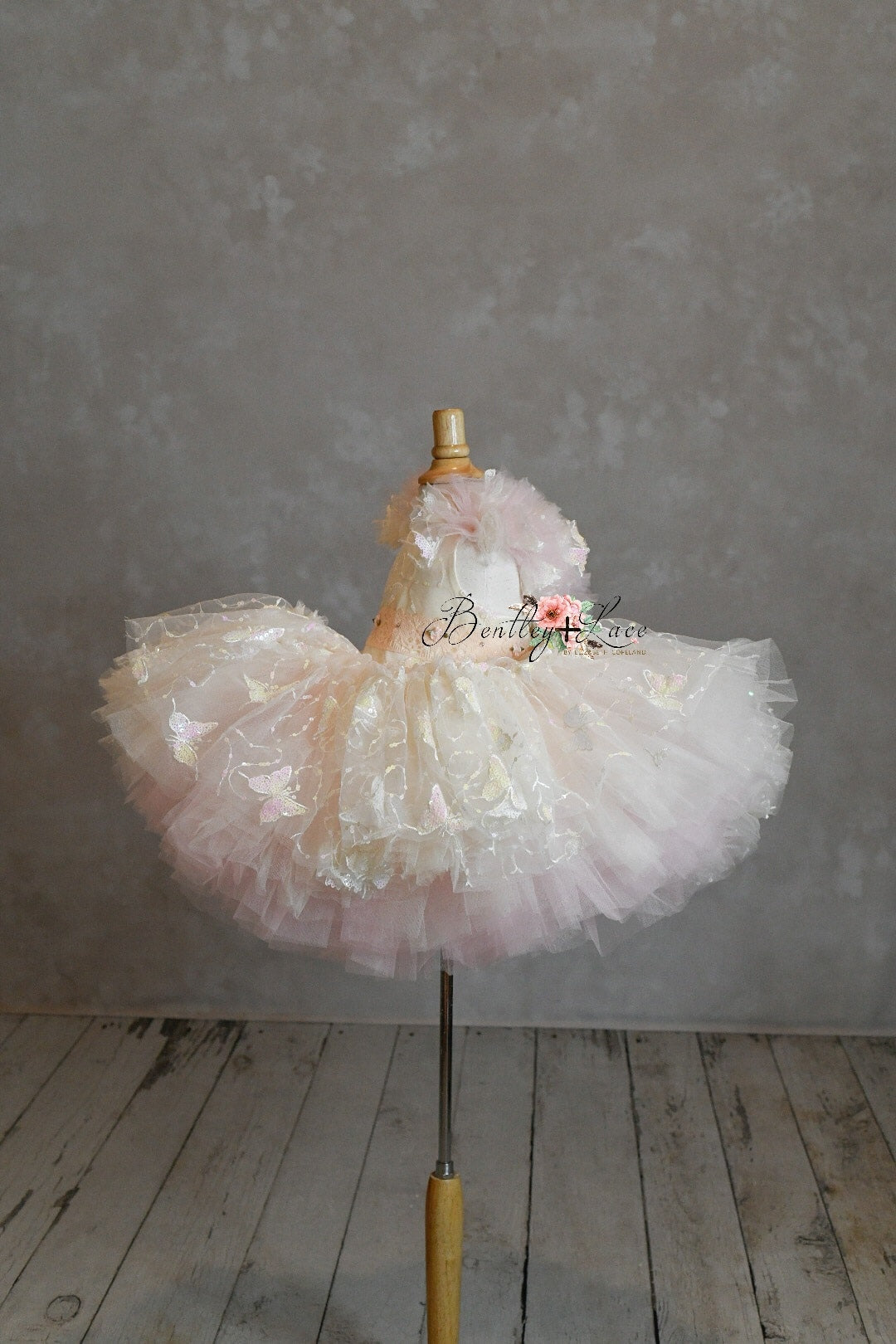 "Daydreaming" Butterflies soft champagne +pink - Petal Length Dress ( 3 Year - Petite 4 Year)