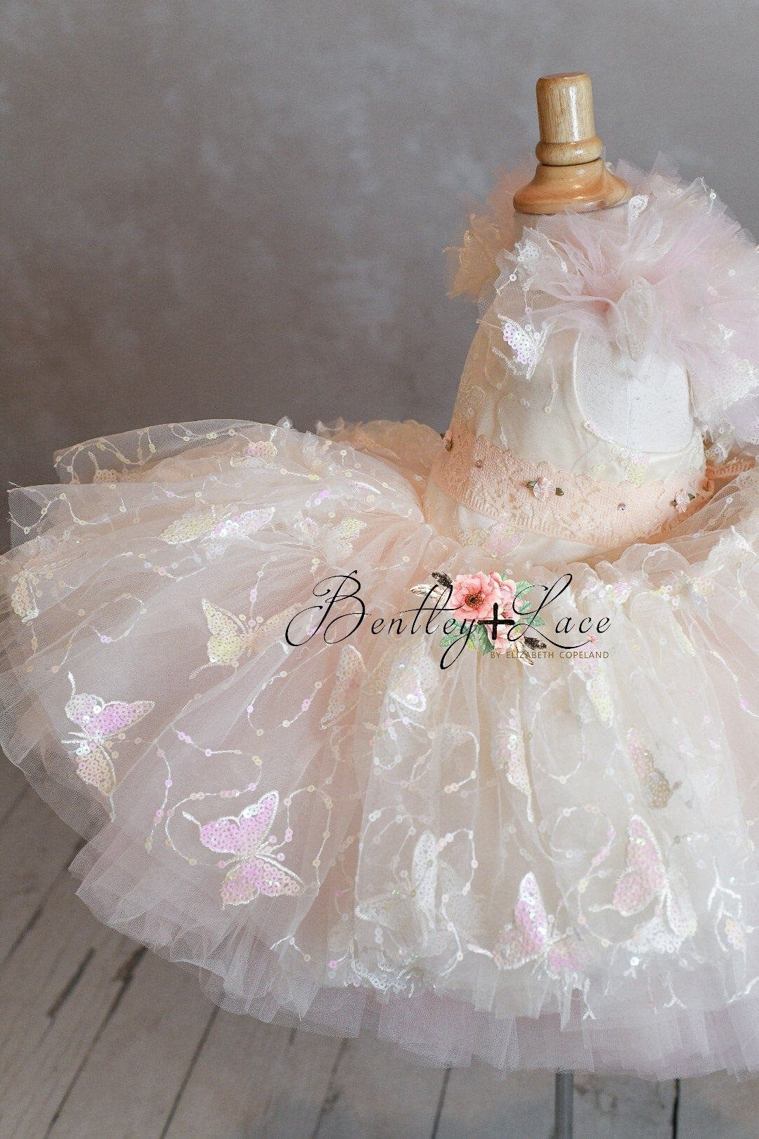 "Daydreaming" Butterflies soft champagne +pink - Petal Length Dress ( 3 Year - Petite 4 Year)