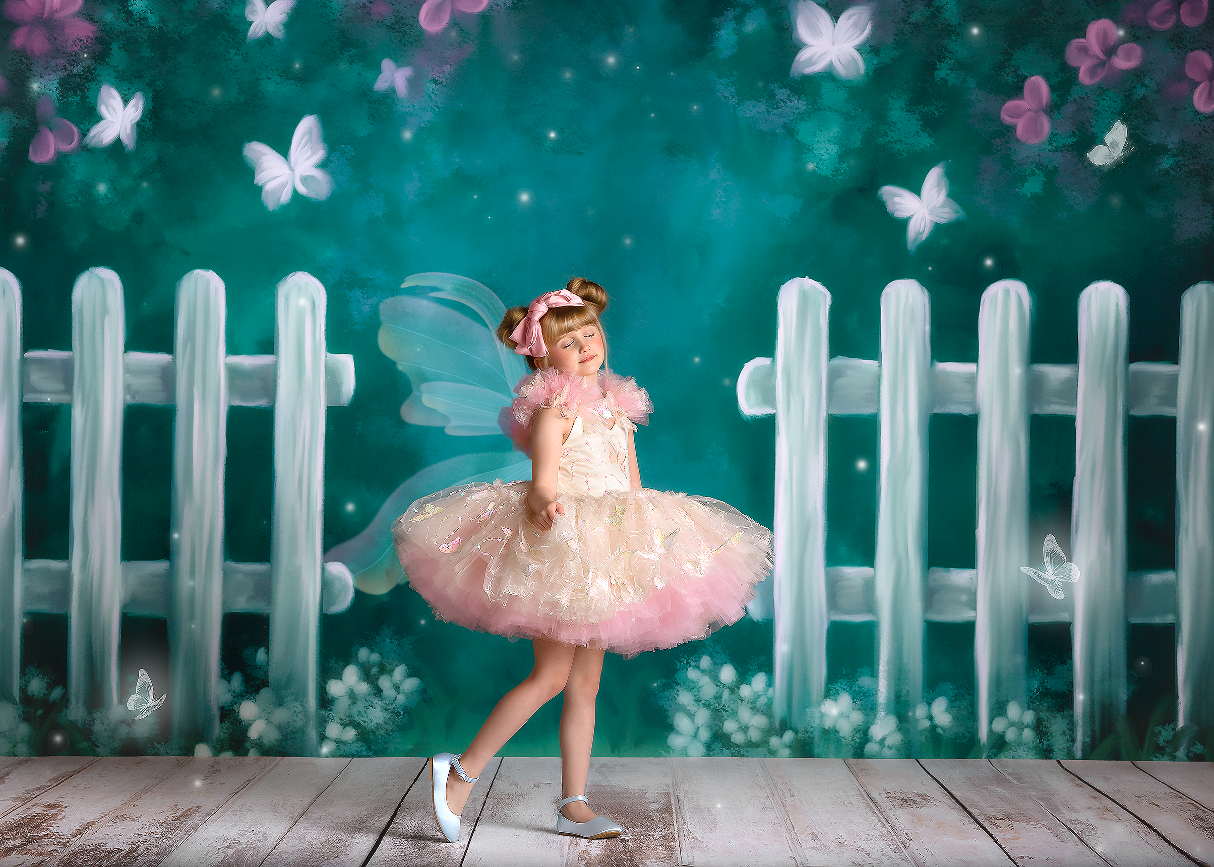 "Daydreaming" Butterflies soft champagne +pink - Petal Length Dress ( 3 Year - Petite 4 Year)