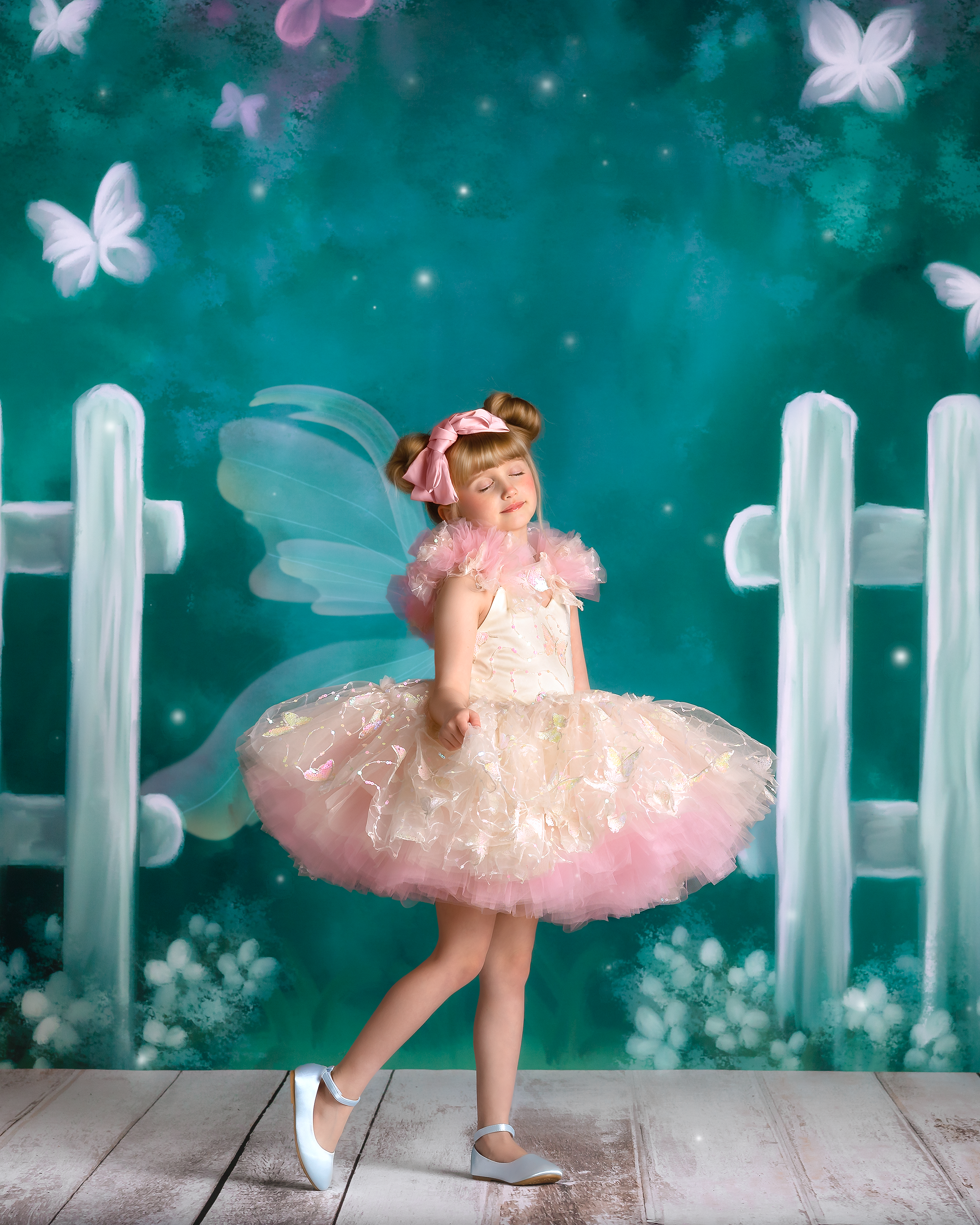 "Daydreaming" Butterflies soft champagne +pink - Petal Length Dress ( 3 Year - Petite 4 Year)