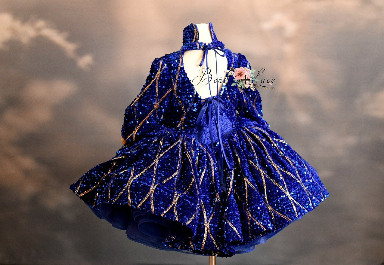 "Sparkling Princess" - Blue - With Sleeve Option Petal Length Dress ( 5 Year - Petite 6 Year)
