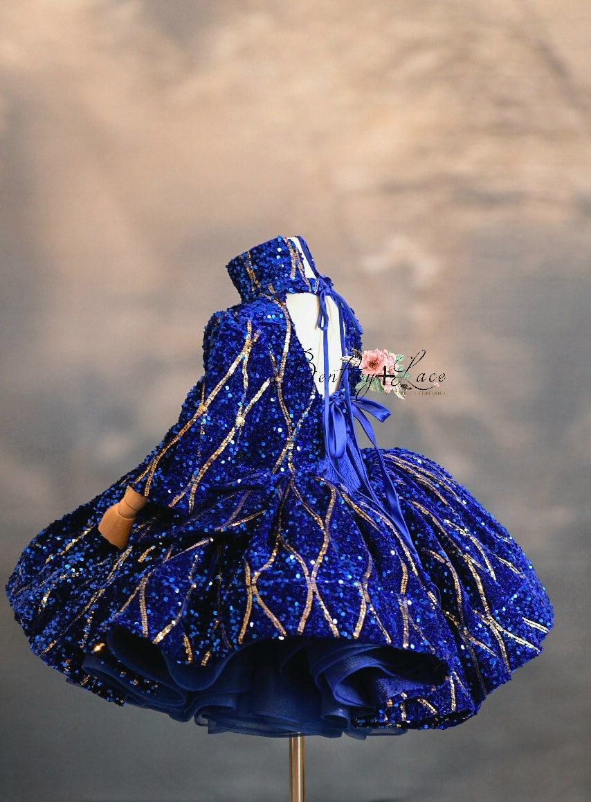 "Sparkling Princess" - Blue - With Sleeve Option Petal Length Dress ( 5 Year - Petite 6 Year)