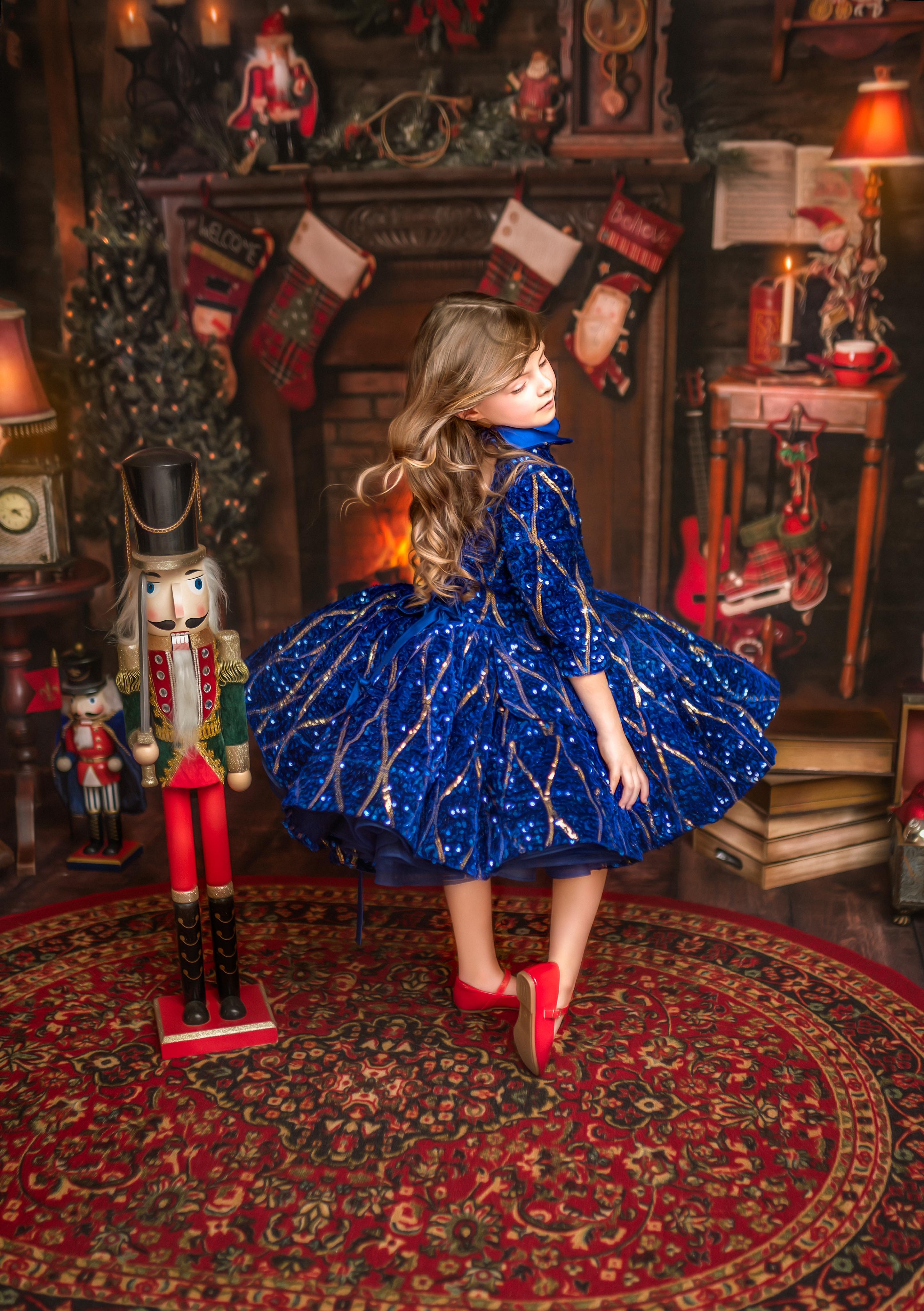 "Sparkling Princess" - Blue - With Sleeve Option Petal Length Dress ( 5 Year - Petite 6 Year)