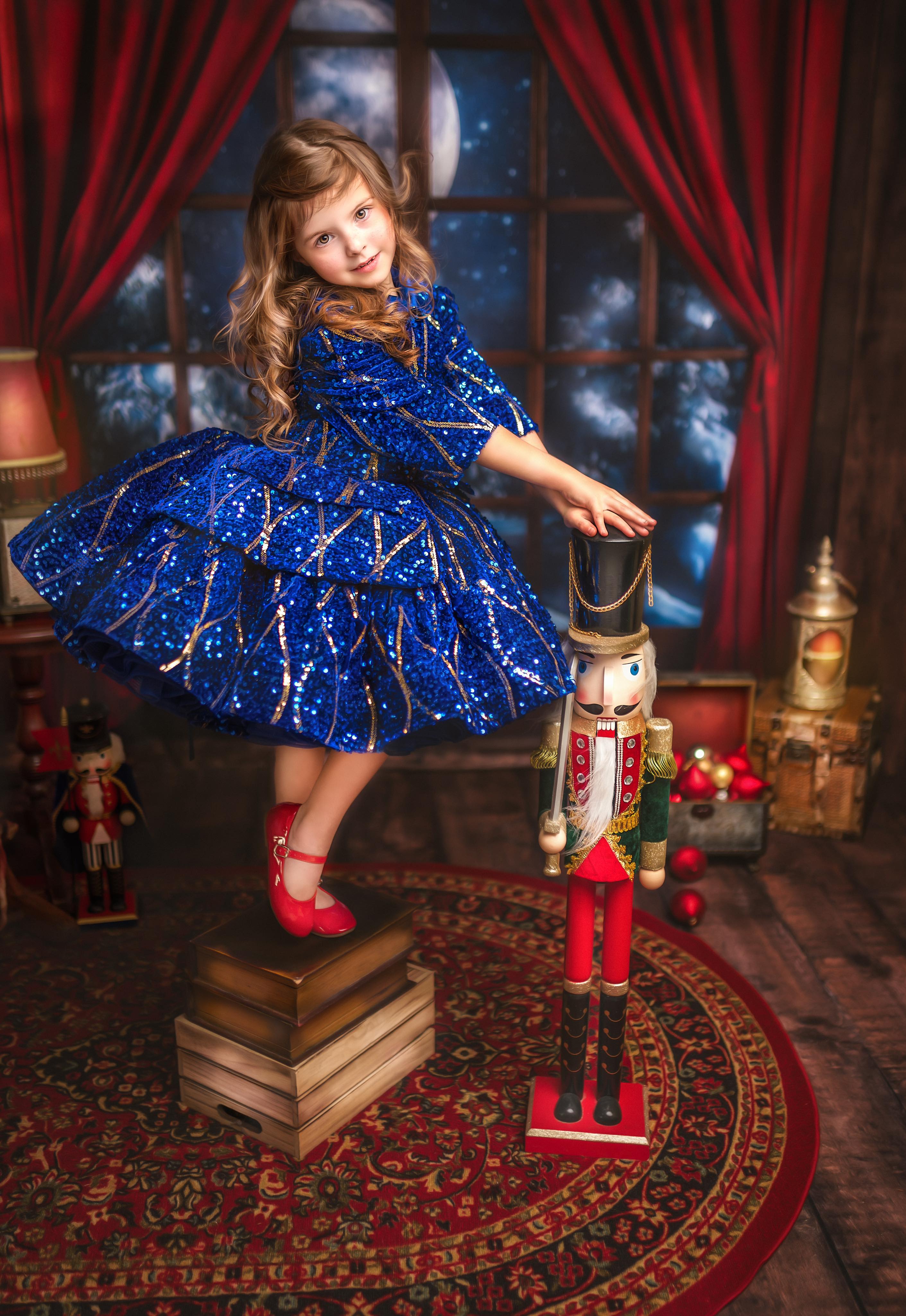 "Sparkling Princess" - Blue - With Sleeve Option Petal Length Dress ( 5 Year - Petite 6 Year)