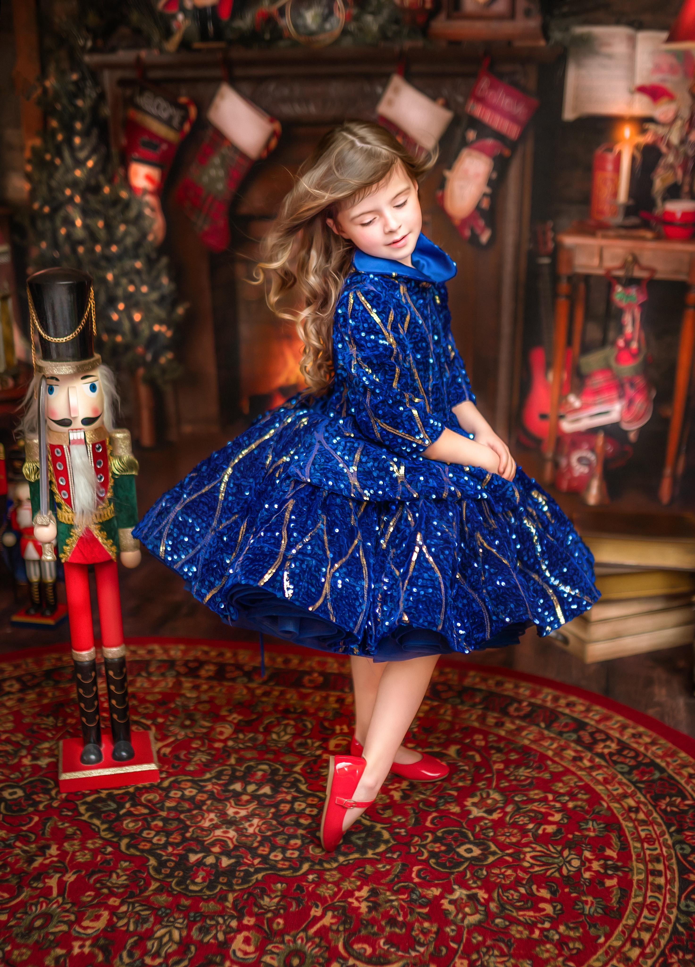 "Sparkling Princess" - Blue - With Sleeve Option Petal Length Dress ( 5 Year - Petite 6 Year)