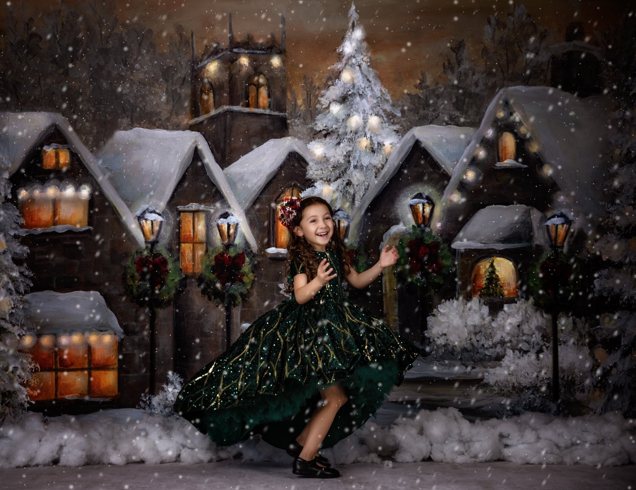 Couture rental gown: "Nutcracker Dance" - Green high low  With Sleeve Option Petal Length Dress  ( 4 Year - Petite 5 Year)