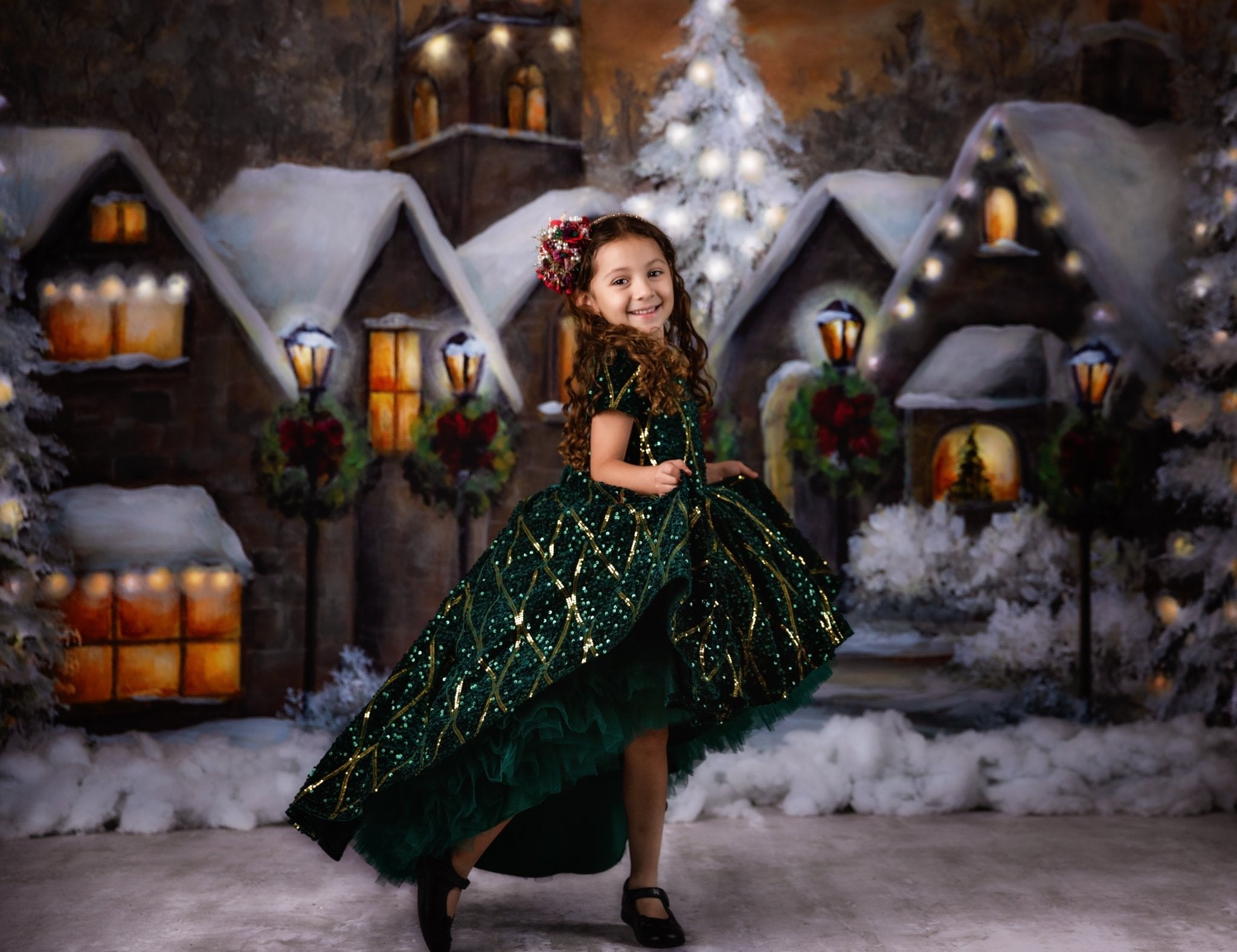 Rts retired rental ooak will not remake euc Couture rental gown: "Nutcracker Dance" - Green high low With Sleeve Option Petal Length Dress ( 4 Year - Petite 5 Year)