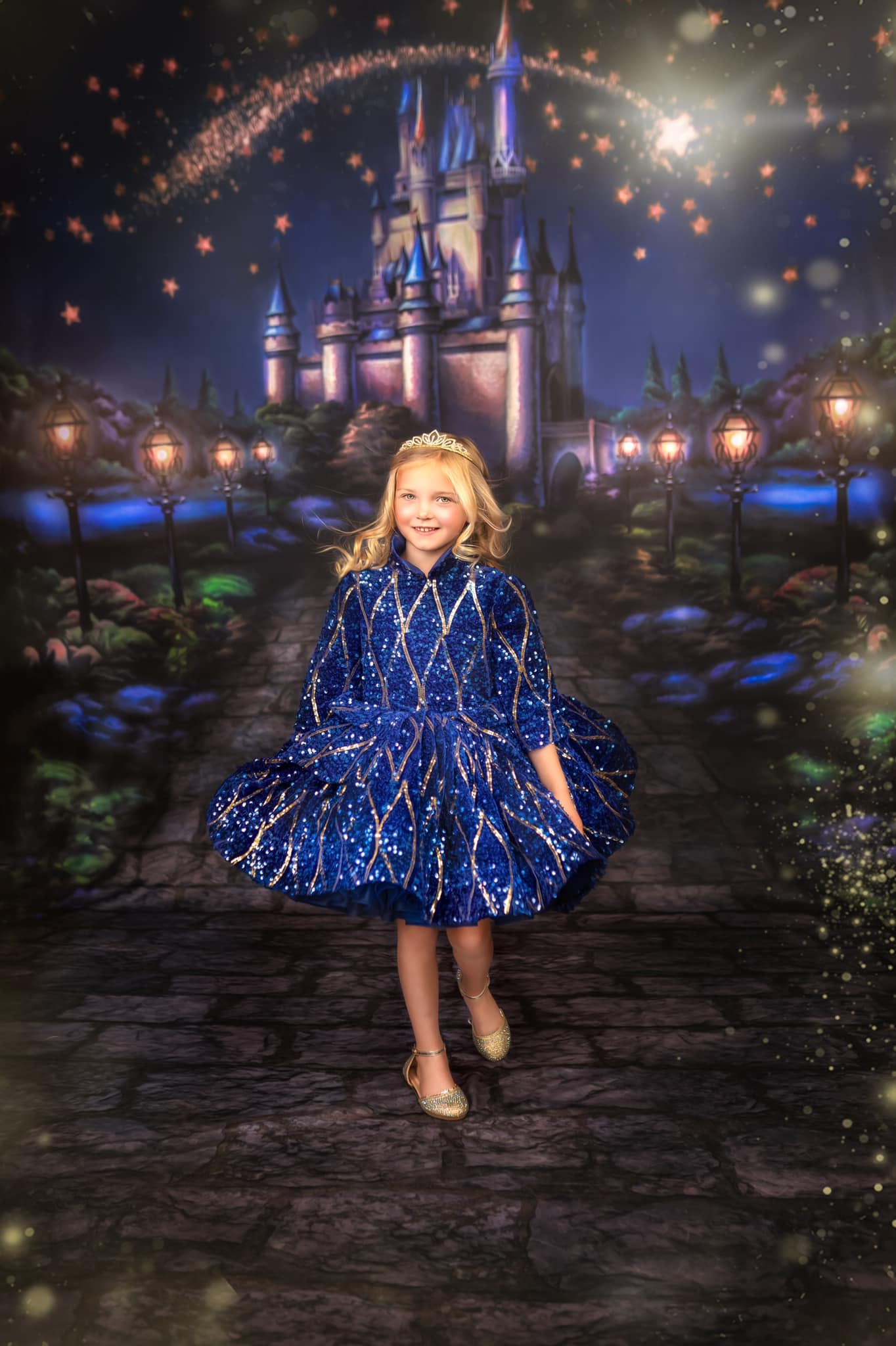 "Sparkling Princess" - Blue - With Sleeve Option Petal Length Dress ( 5 Year - Petite 6 Year)