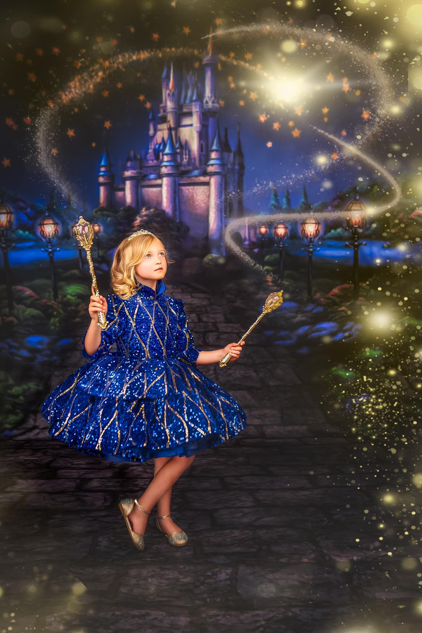 "Sparkling Princess" - Blue - With Sleeve Option Petal Length Dress ( 5 Year - Petite 6 Year)