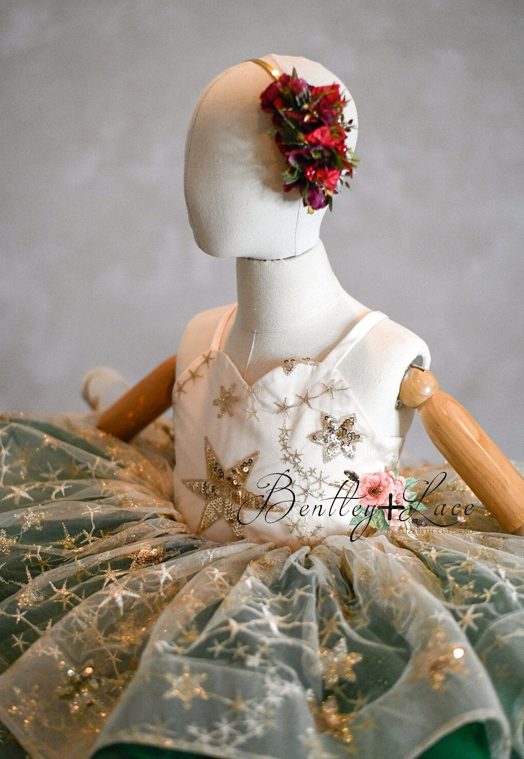 "Golden Starlight"-Gold+Green Short Length Dress (5 Year-Petite 6 Year)