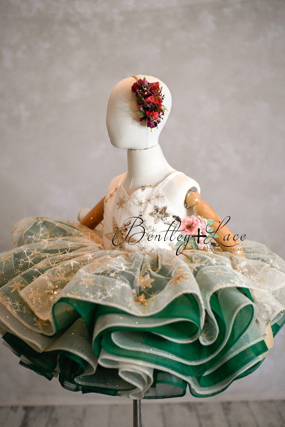 "Golden Starlight"-Gold+Green Short Length Dress (5 Year-Petite 6 Year)