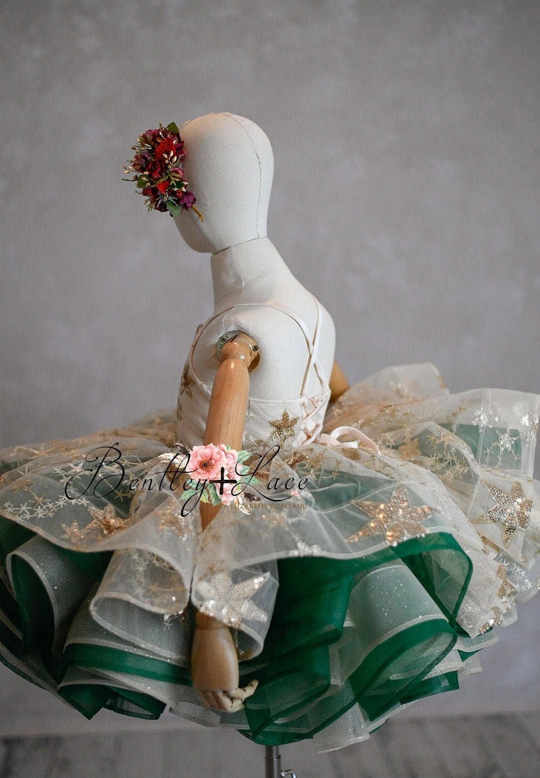 "Golden Starlight"-Gold+Green Short Length Dress (5 Year-Petite 6 Year)