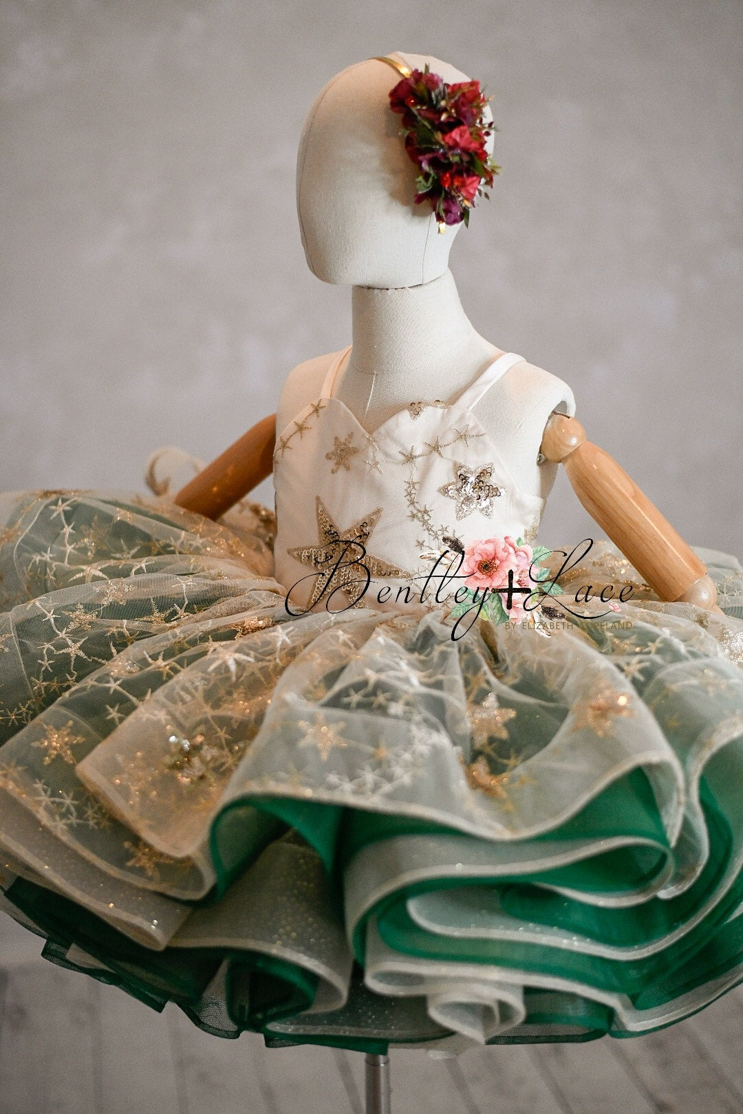 "Golden Starlight"-Gold+Green Short Length Dress (5 Year-Petite 6 Year)