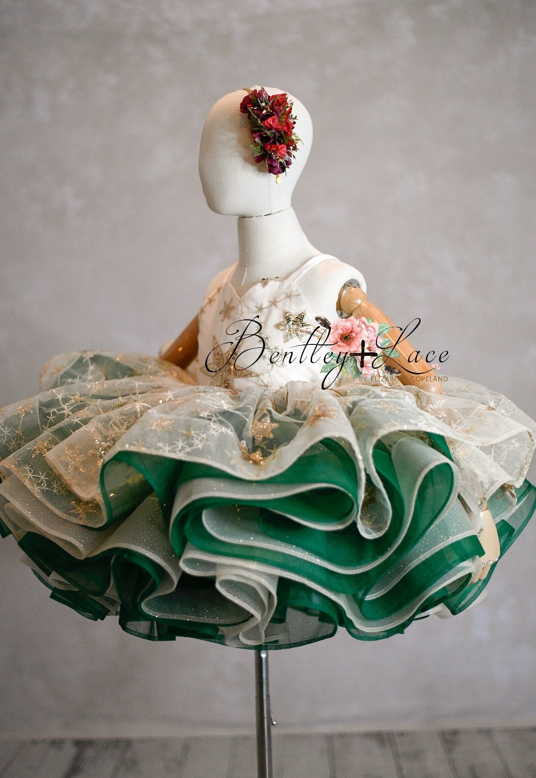 "Golden Starlight"-Gold+Green Short Length Dress (5 Year-Petite 6 Year)