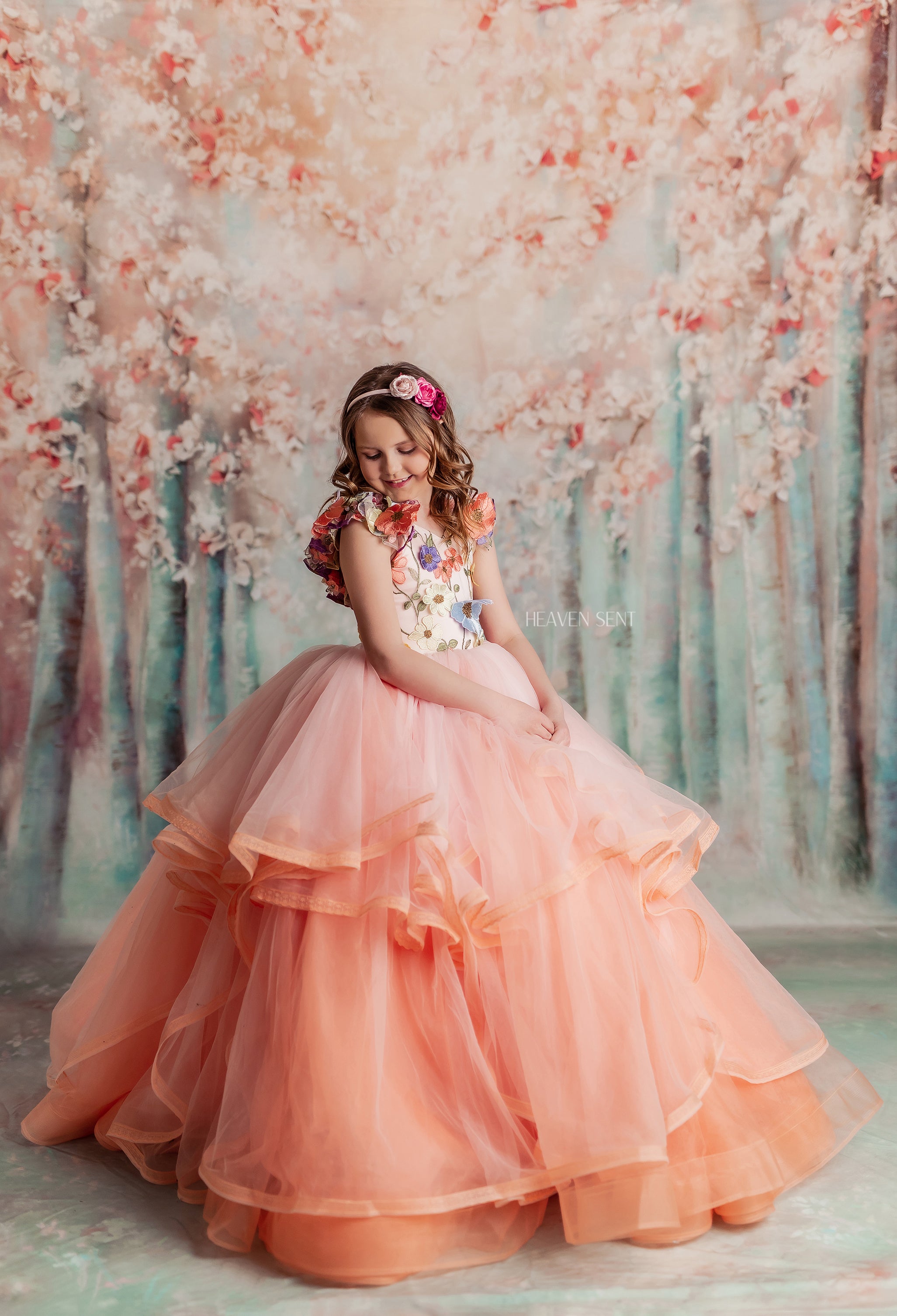 "Taylor" in Coral Peach - Floor Length Dress ( 7 Year - Petite 8 Year)