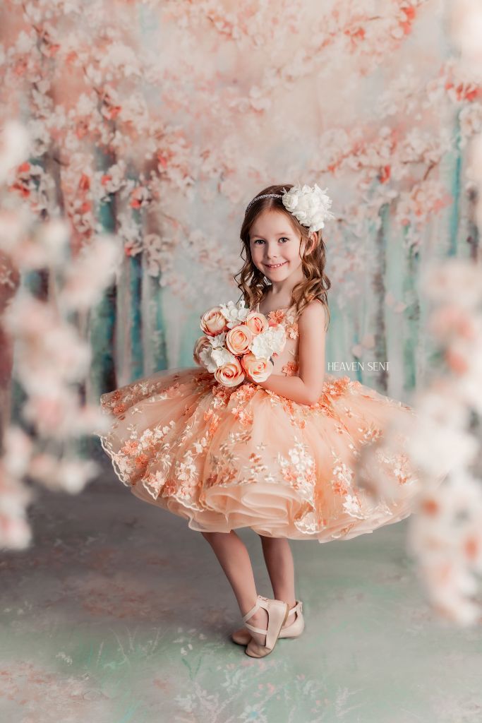 "Floral Dreams" in Peach - Petal Short Length Dress ( 5 Year - Petite 6 Year)