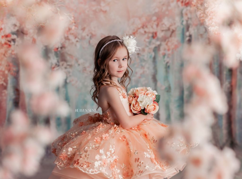 "Floral Dreams" in Peach - Petal Short Length Dress ( 5 Year - Petite 6 Year)