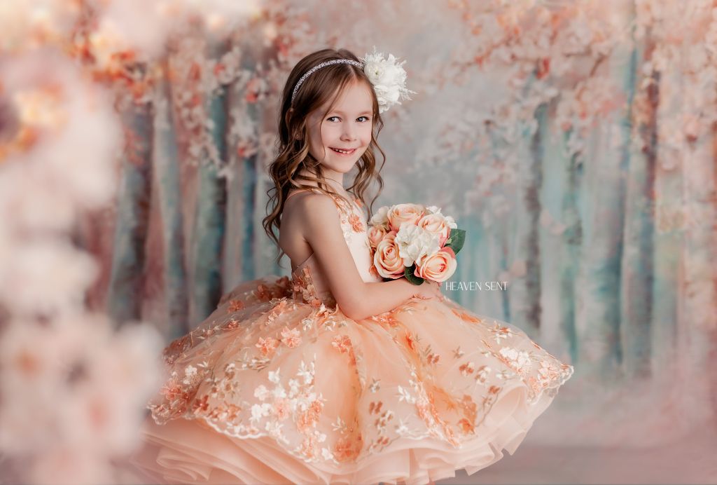 "Floral Dreams" in Peach - Petal Short Length Dress ( 5 Year - Petite 6 Year)