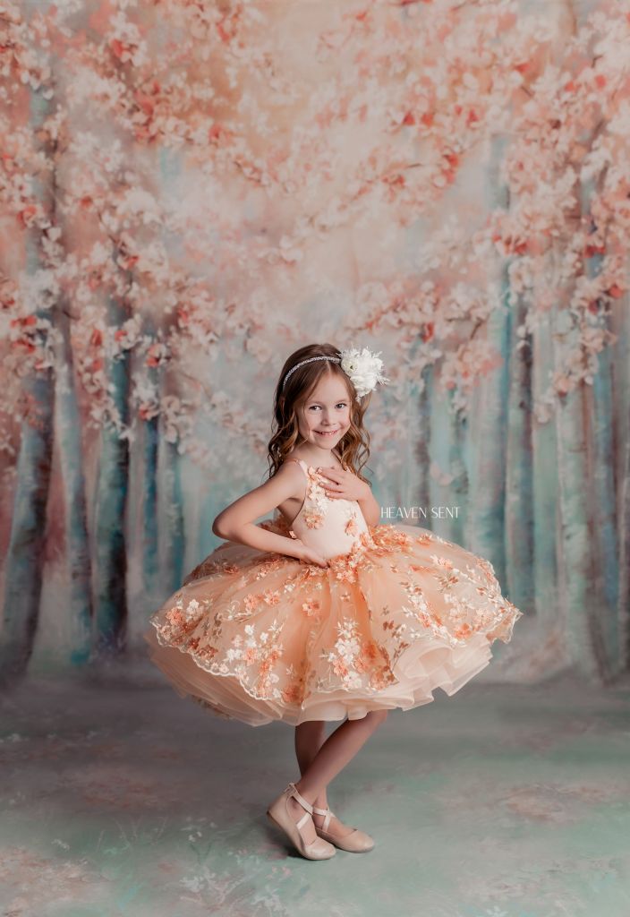 "Floral Dreams" in Peach - Petal Short Length Dress ( 5 Year - Petite 6 Year)