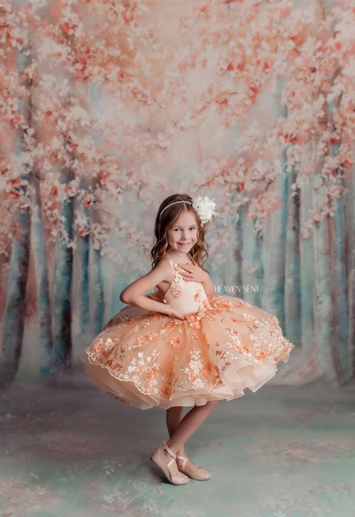 "Floral Dreams" in Peach -  Petal Short Length Dress ( 5 Year - Petite 6 Year)