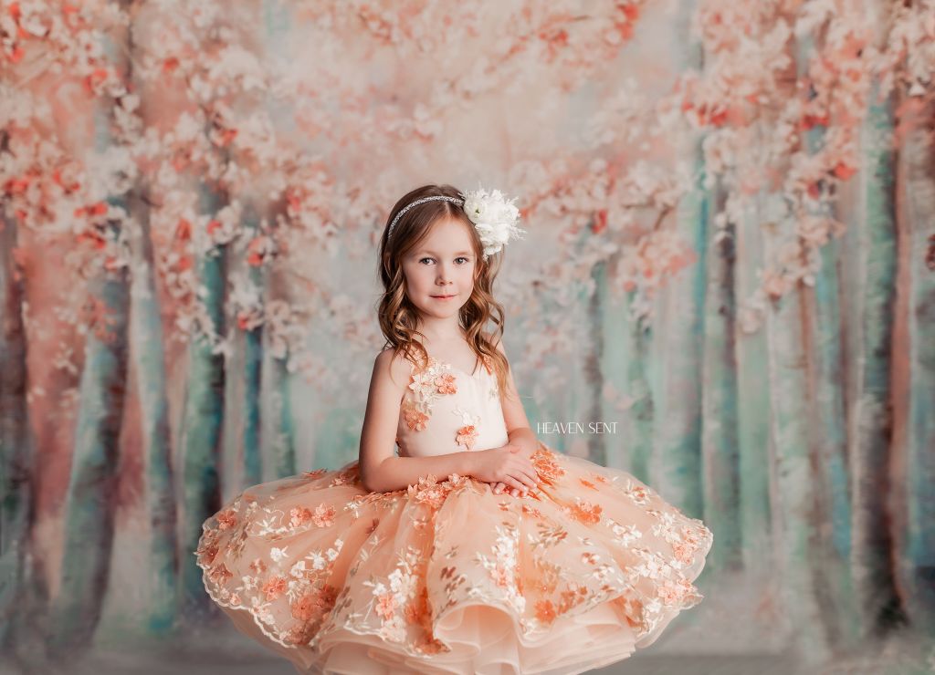 "Floral Dreams" in Peach - Petal Short Length Dress ( 5 Year - Petite 6 Year)
