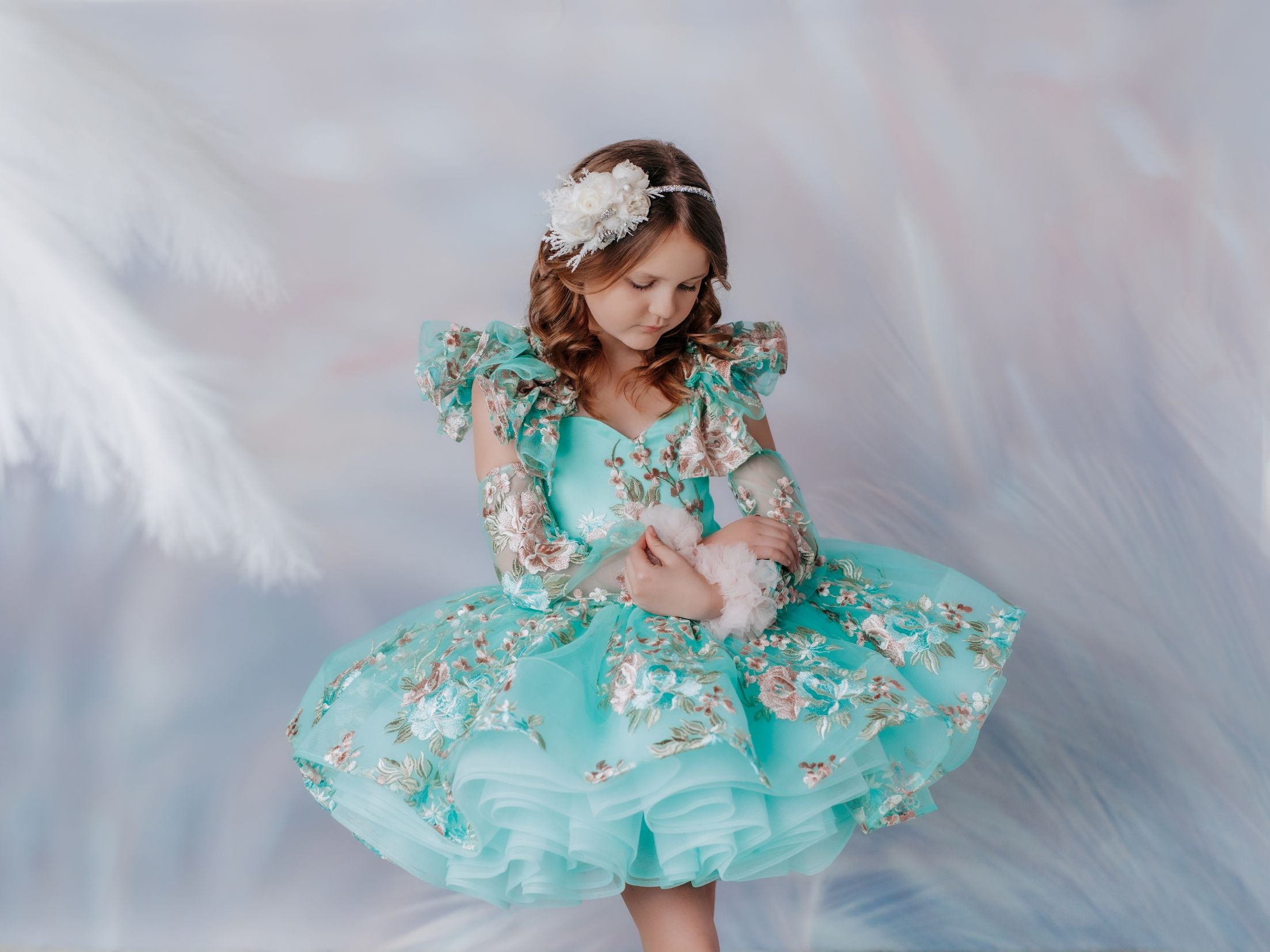 EUC RETIRED RENTAL "Brynn" in Seafoam + detachable sleeves -  Petal Short Length Dress ( 7 Year - Petite 8 Year)