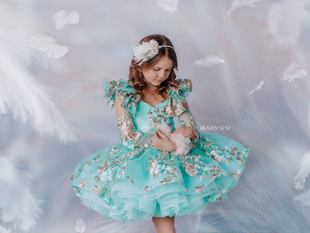 EUC RETIRED RENTAL "Brynn" in Seafoam + detachable sleeves -  Petal Short Length Dress ( 7 Year - Petite 8 Year)