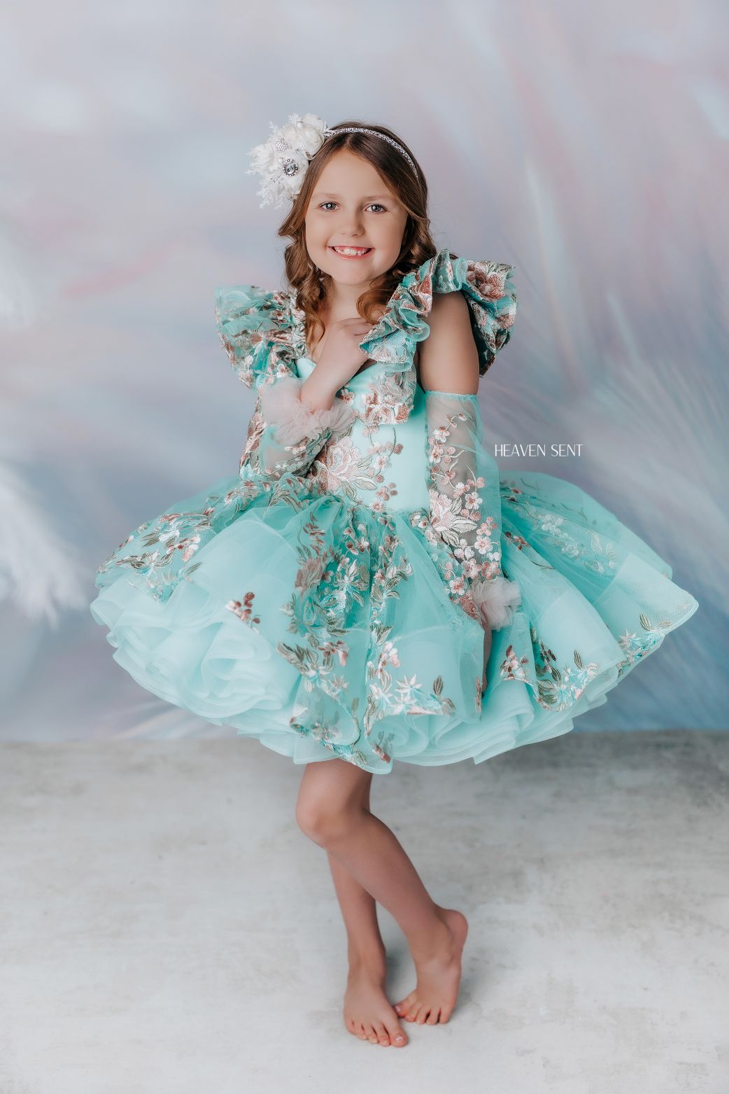 EUC RETIRED RENTAL "Brynn" in Seafoam + detachable sleeves -  Petal Short Length Dress ( 7 Year - Petite 8 Year)