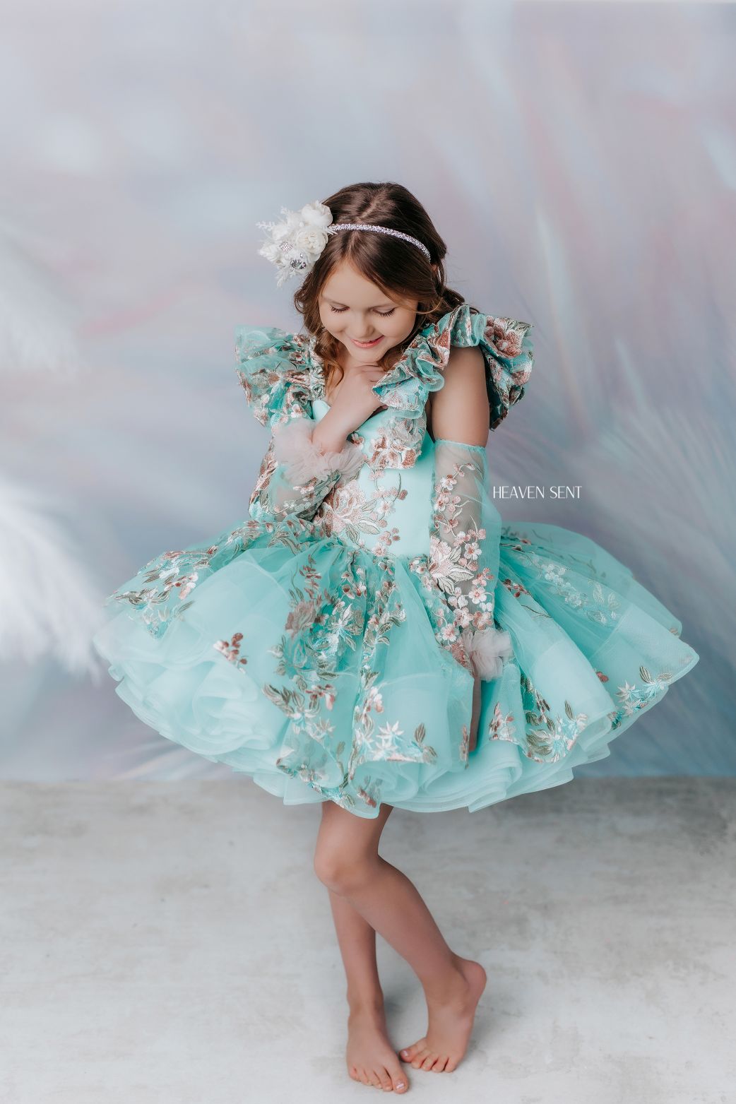 "Brynn" in Seafoam + detachable sleeves -  Petal Short Length Dress ( 7 Year - Petite 8 Year)