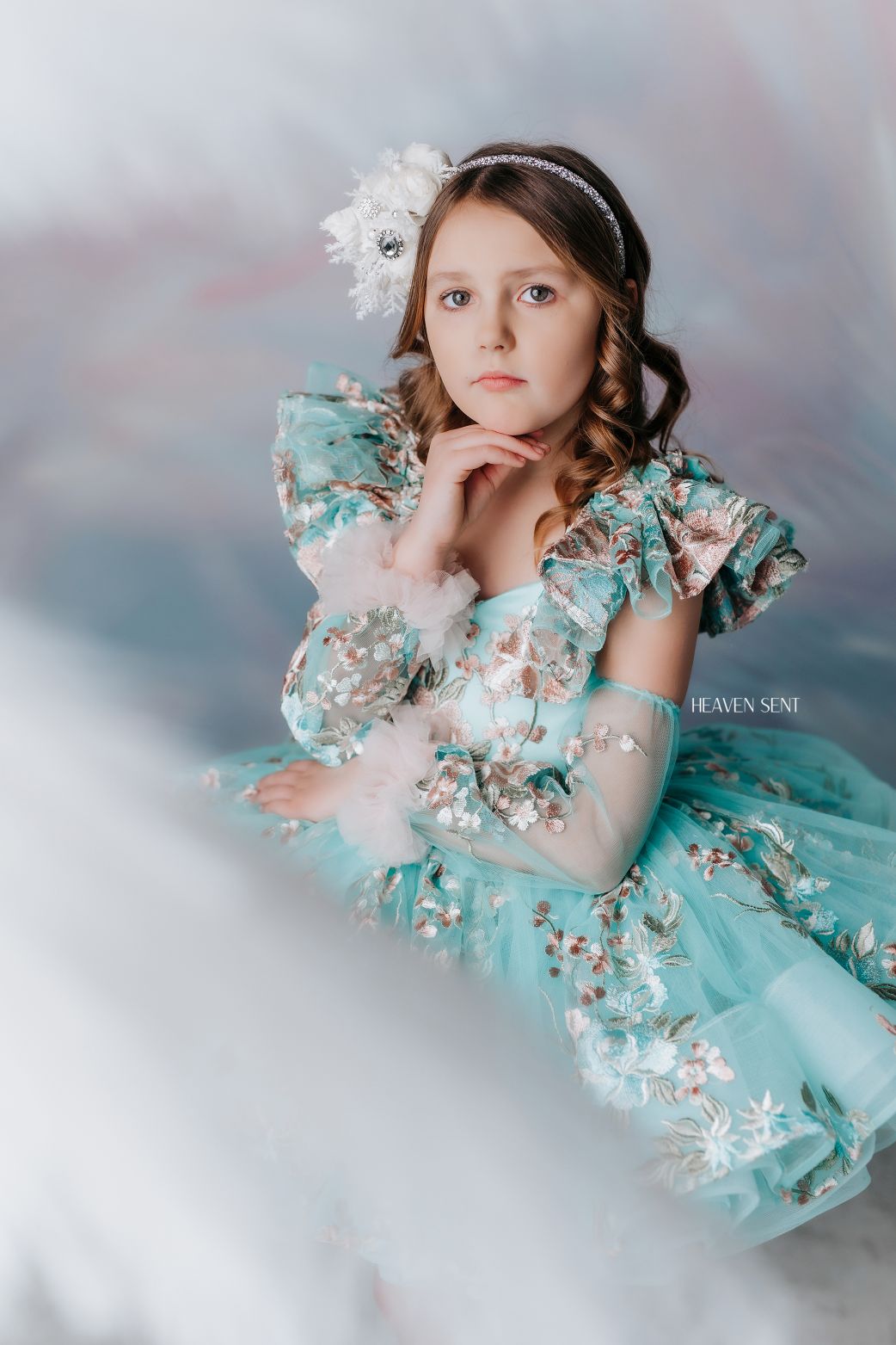 EUC RETIRED RENTAL "Brynn" in Seafoam + detachable sleeves -  Petal Short Length Dress ( 7 Year - Petite 8 Year)