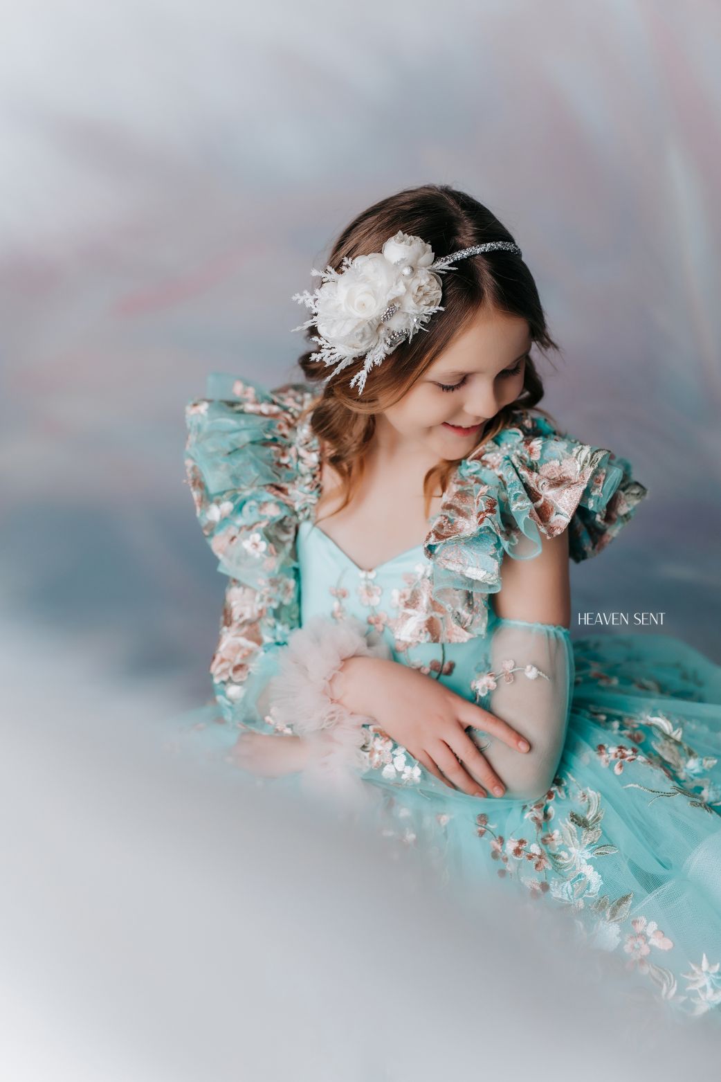 EUC RETIRED RENTAL "Brynn" in Seafoam + detachable sleeves -  Petal Short Length Dress ( 7 Year - Petite 8 Year)