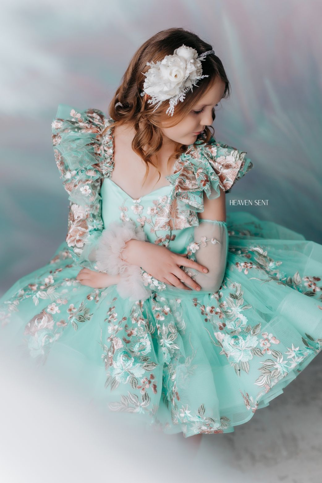 EUC RETIRED RENTAL "Brynn" in Seafoam + detachable sleeves -  Petal Short Length Dress ( 7 Year - Petite 8 Year)