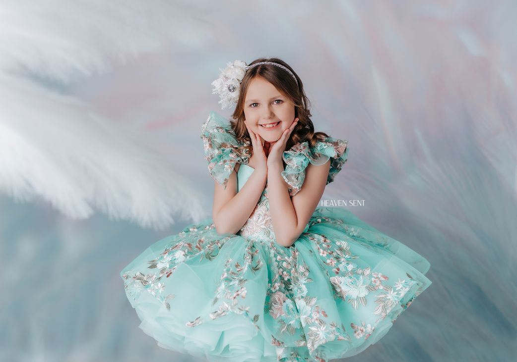 EUC RETIRED RENTAL "Brynn" in Seafoam + detachable sleeves -  Petal Short Length Dress ( 7 Year - Petite 8 Year)