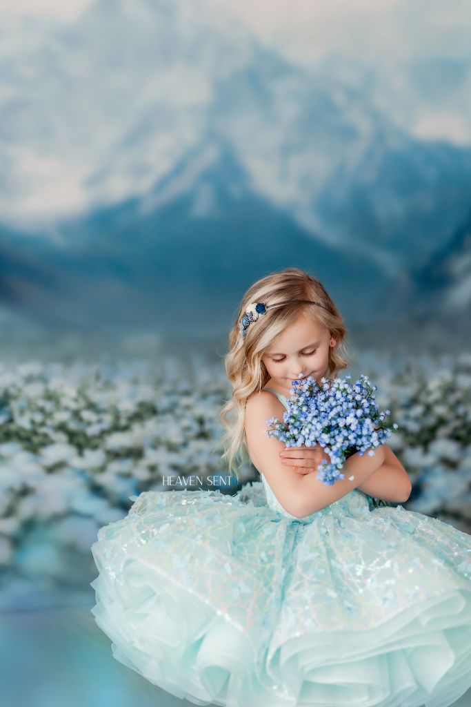 "Mystical Dreams" Butterflies- square neck Seafoam - Petal Length Dress ( 7 Year - Petite 8 Year)