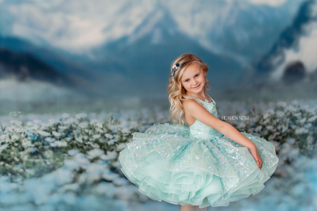 "Mystical Dreams" Butterflies- Seafoam - Petal Length Dress ( 4 Year - Petite 5 Year)