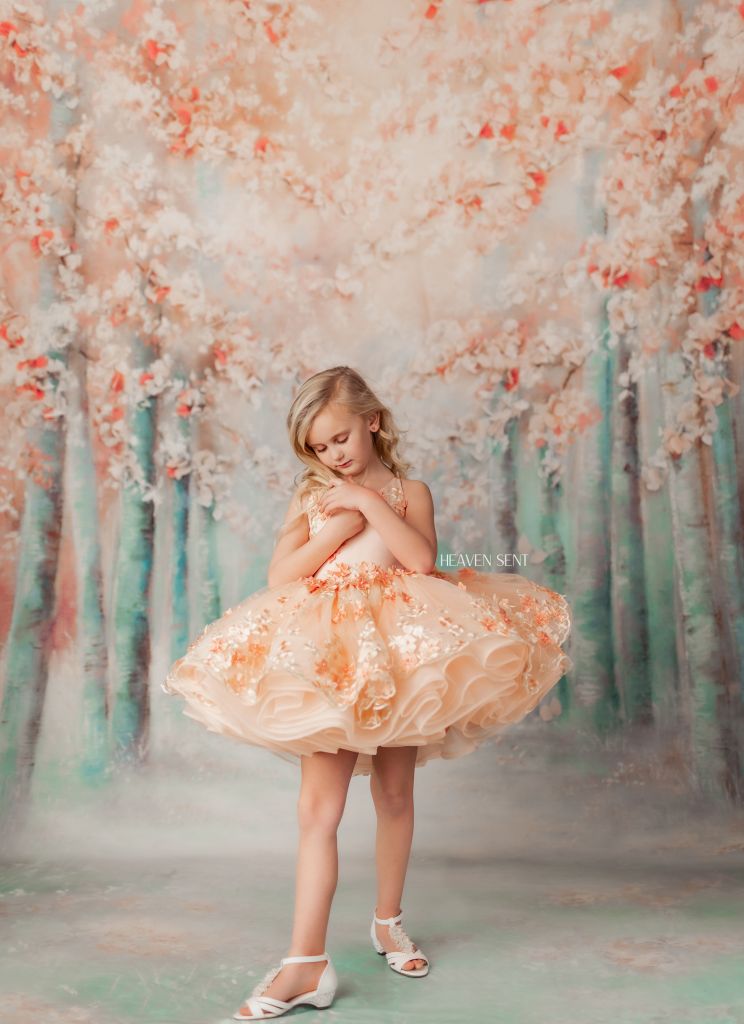 "Floral Dreams" in Peach -  Petal Short Length Dress ( 5 Year - Petite 6 Year)