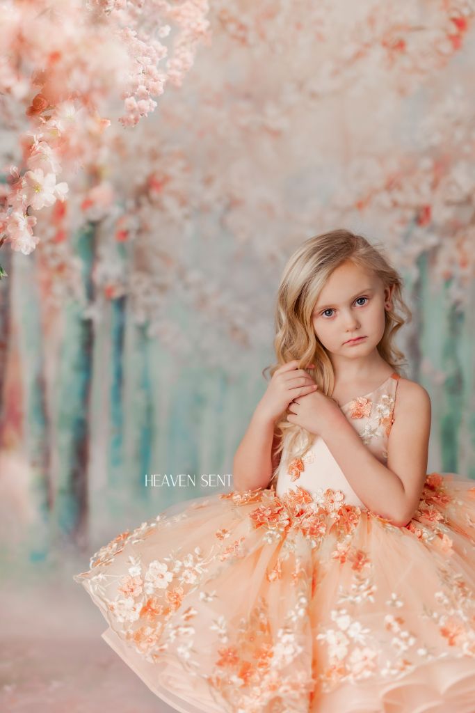 "Floral Dreams" in Peach - Petal Short Length Dress ( 5 Year - Petite 6 Year)