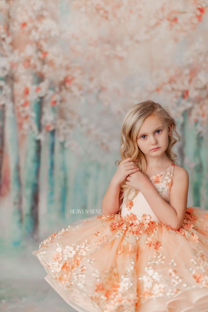 "Floral Dreams" in Peach - Petal Short Length Dress ( 5 Year - Petite 6 Year)