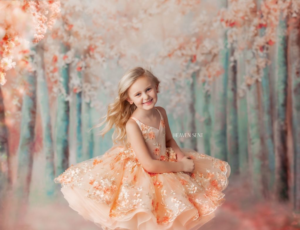 "Floral Dreams" in Peach - Petal Short Length Dress ( 5 Year - Petite 6 Year)