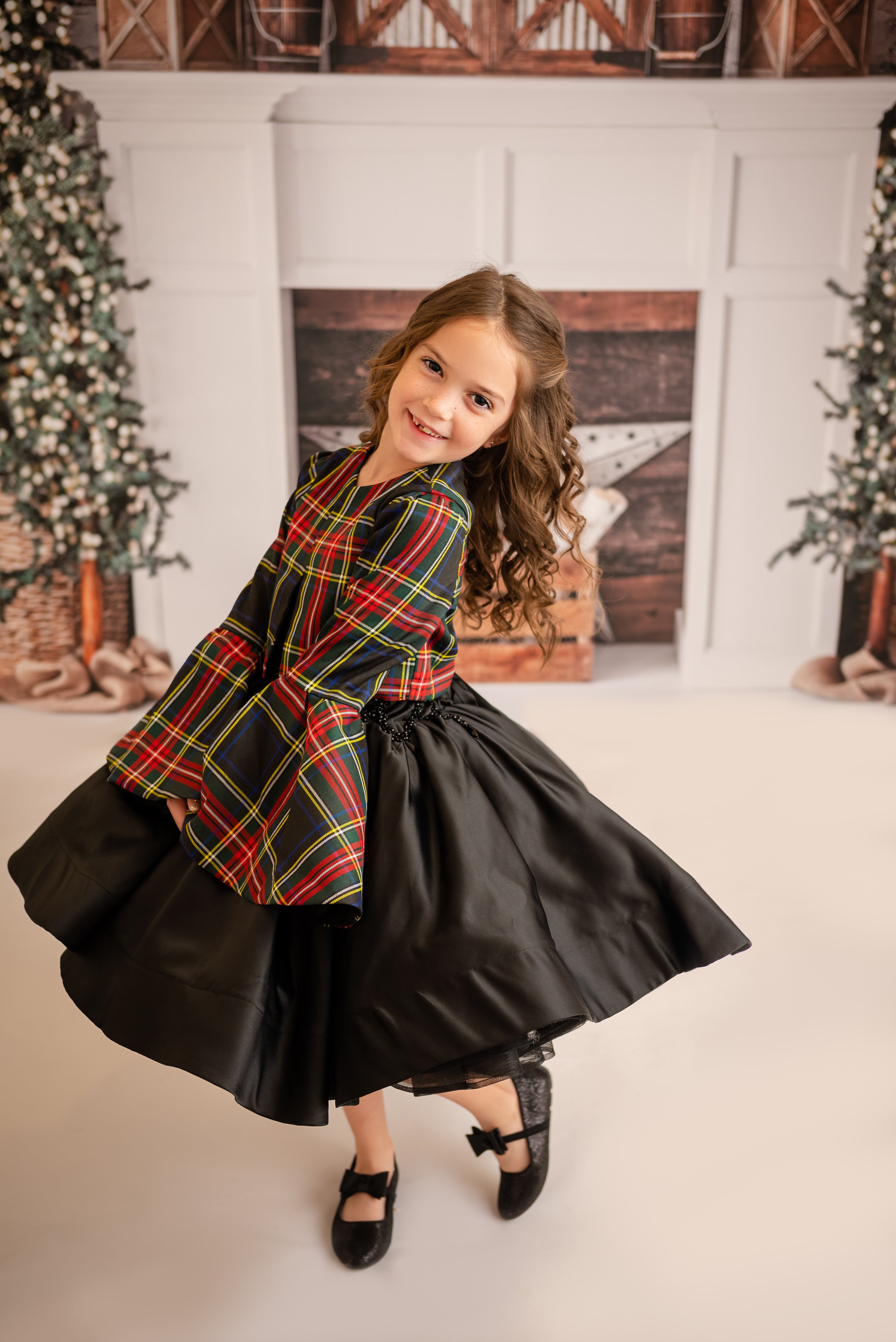 "Darling Plaid" Black Vintage Jacket + Black Beaded Solid Petal Length Dress ( 5 Year - Petite 6 Year)