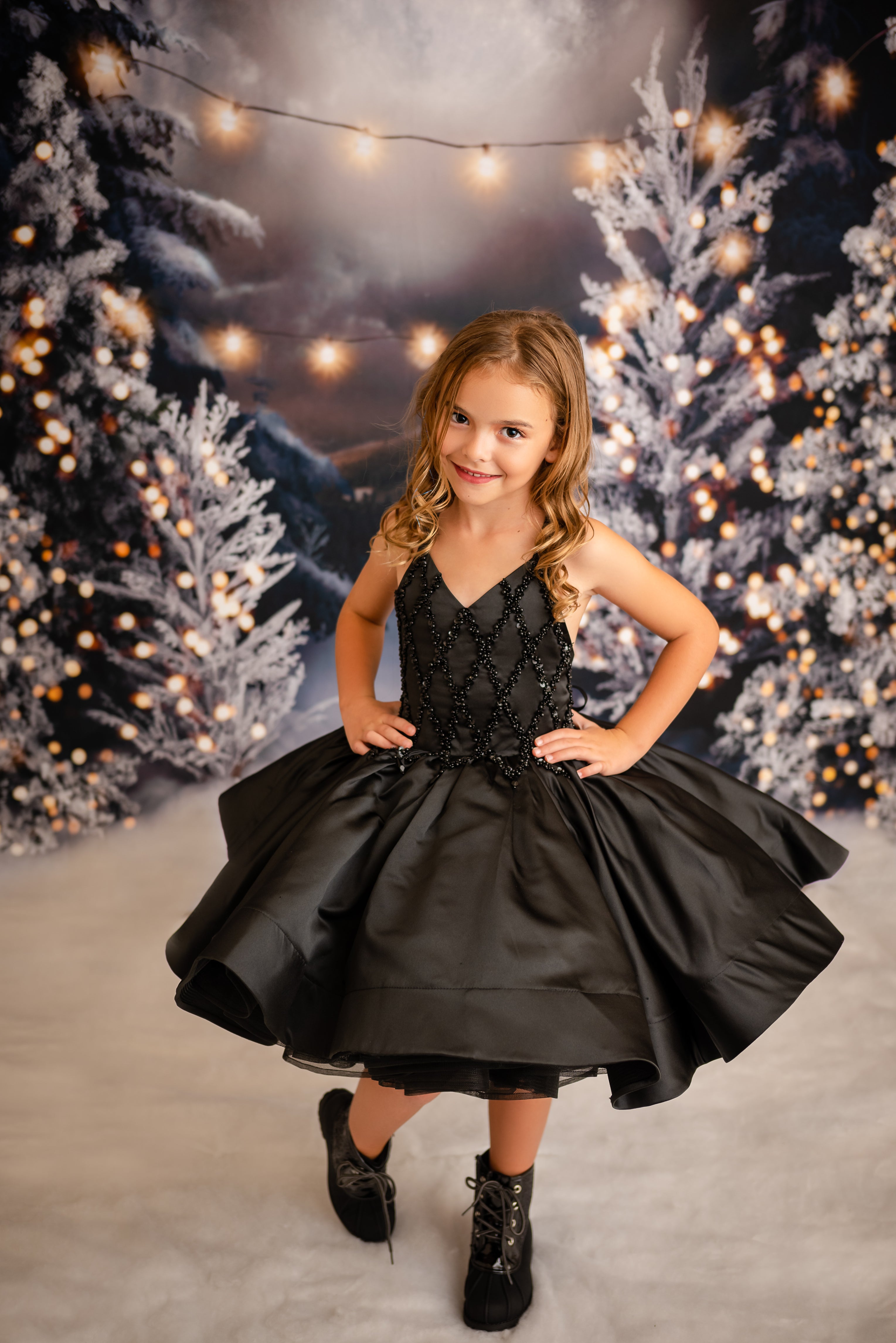"Darling Plaid" Black Vintage Jacket + Black Beaded Solid Petal Length Dress ( 5 Year - Petite 6 Year)
