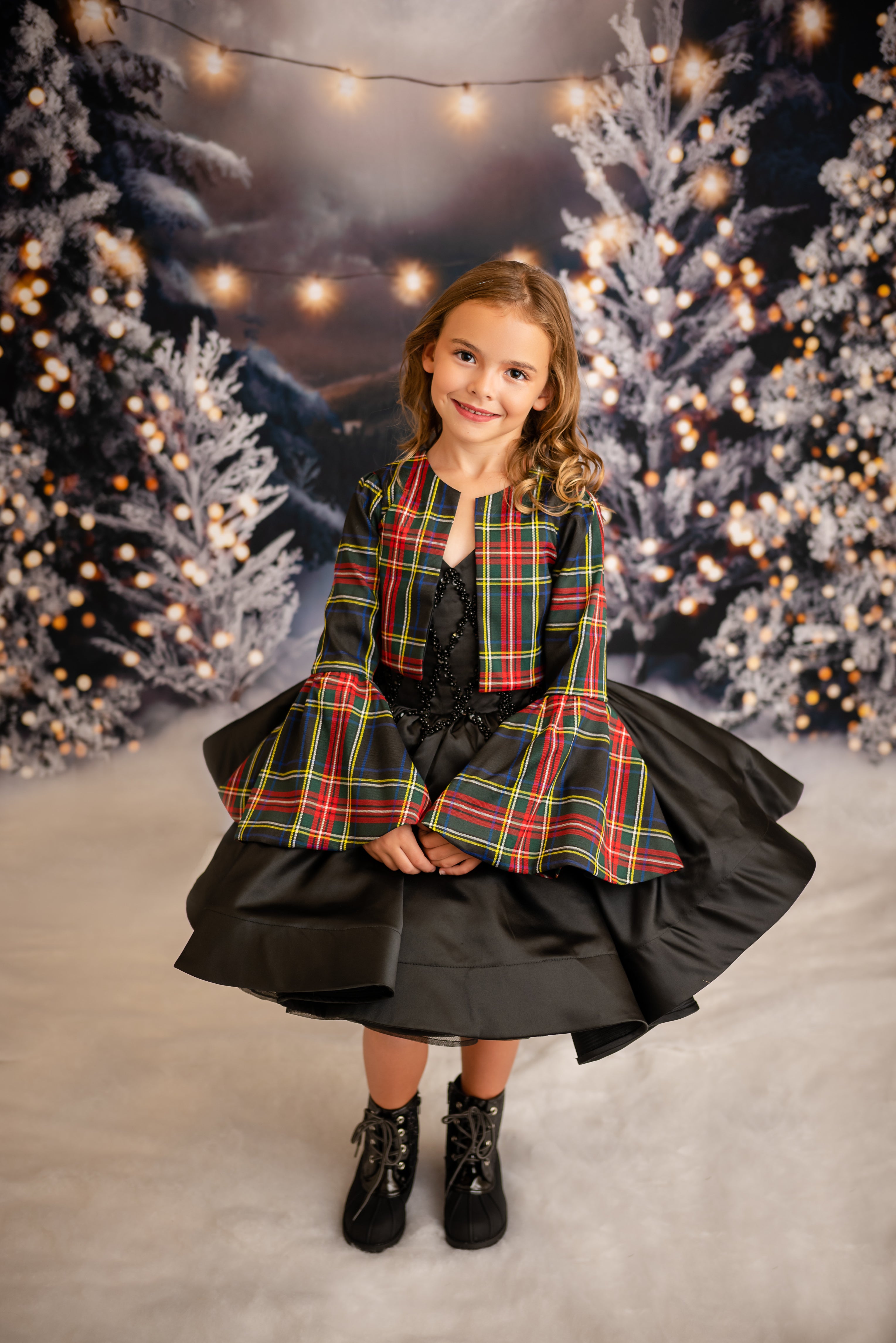 "Darling Plaid" Black Vintage Jacket + Black Beaded Solid Petal Length Dress ( 5 Year - Petite 6 Year)