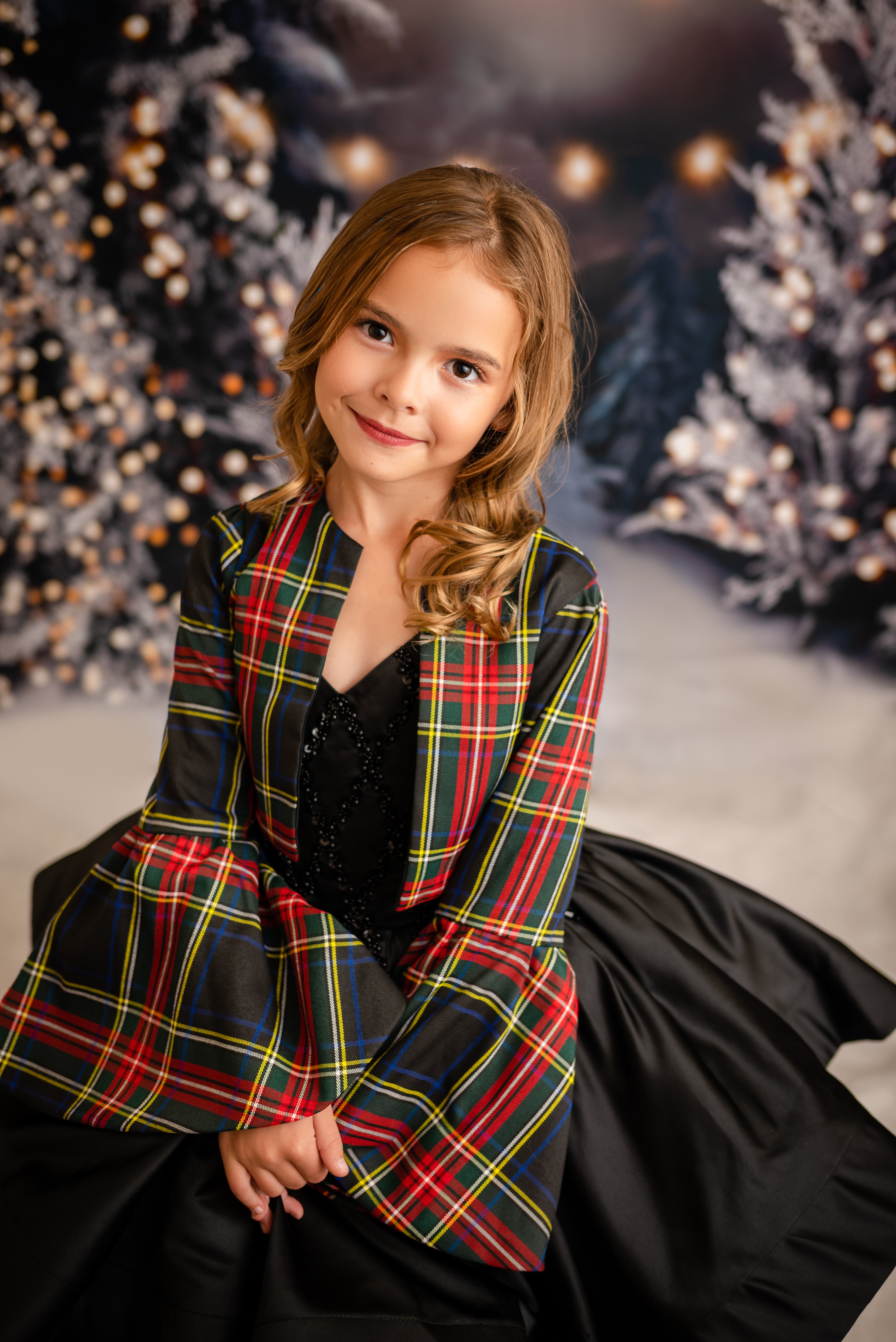 "Darling Plaid" Black Vintage Jacket + Black Beaded Solid Petal Length Dress ( 5 Year - Petite 6 Year)