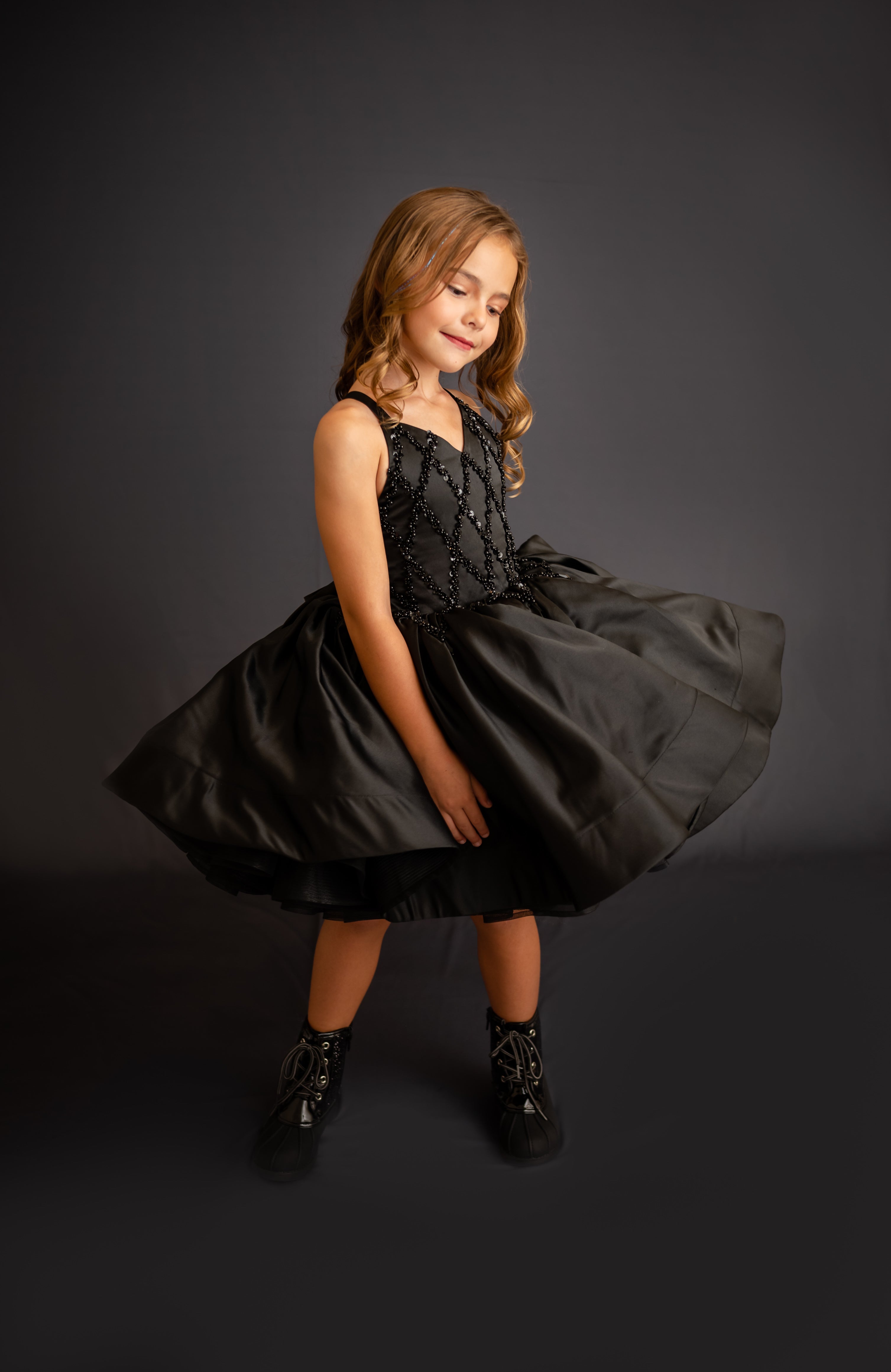 "Darling Plaid" Black Vintage Jacket + Black Beaded Solid Petal Length Dress ( 5 Year - Petite 6 Year)